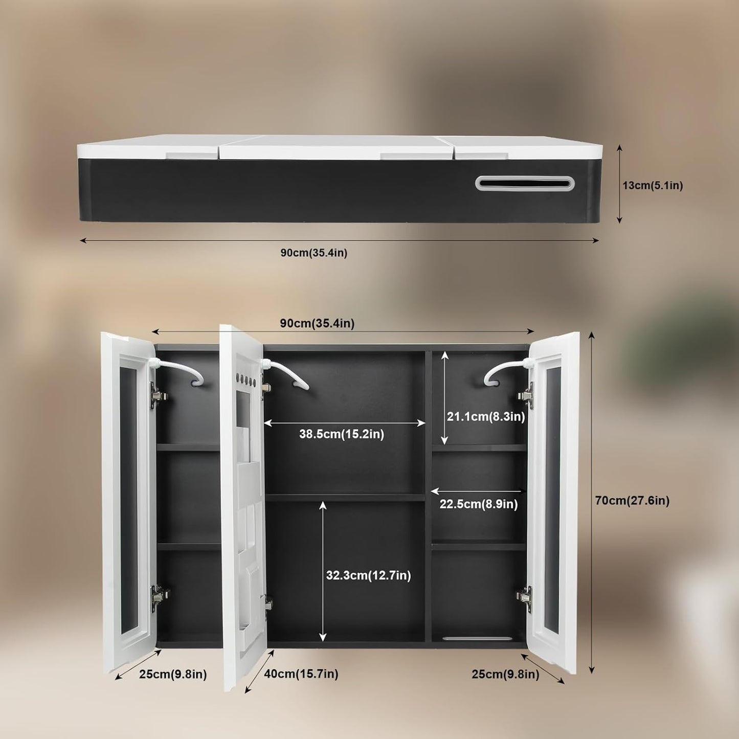 Aovquof Mirror Cabinet with Lighting - 90 x 60 cm Bathroom Mirror Cabinet with Storage Space, Bathroom Mirror Cabinet with Adjustable Dimmable LED Lights with Demist Function, Modern Cream Colour