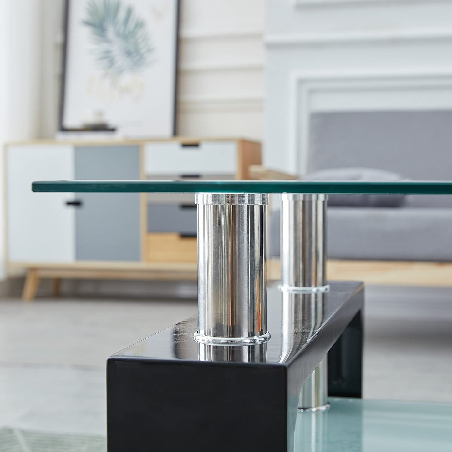 CLIPOP Rectangular Coffee Table Made of Tempered Glass, Living Room Table, Modern Sofa Table with Storage Space, Coffee Table, Glass Table with Lower Shelf for Living Room, Balcony, Bedroom, 100 x 60