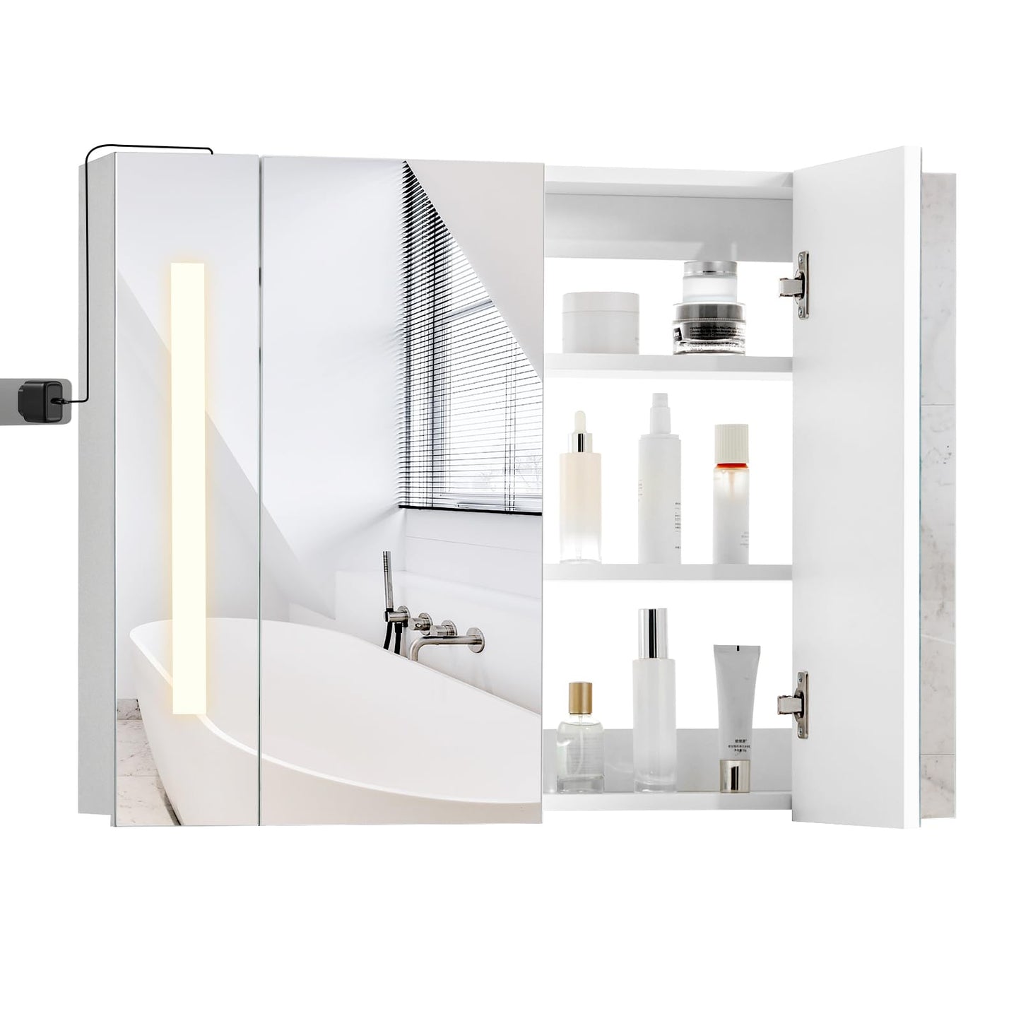 TUKAILAI Mirror Cabinet with LED Lighting, 6 Open Shelves and Adjustable Shelves, Bathroom Mirror with Touch Switch, Bathroom Mirror, Light Mirror, Wall Mirror, Bathroom Cabinet for Bathroom