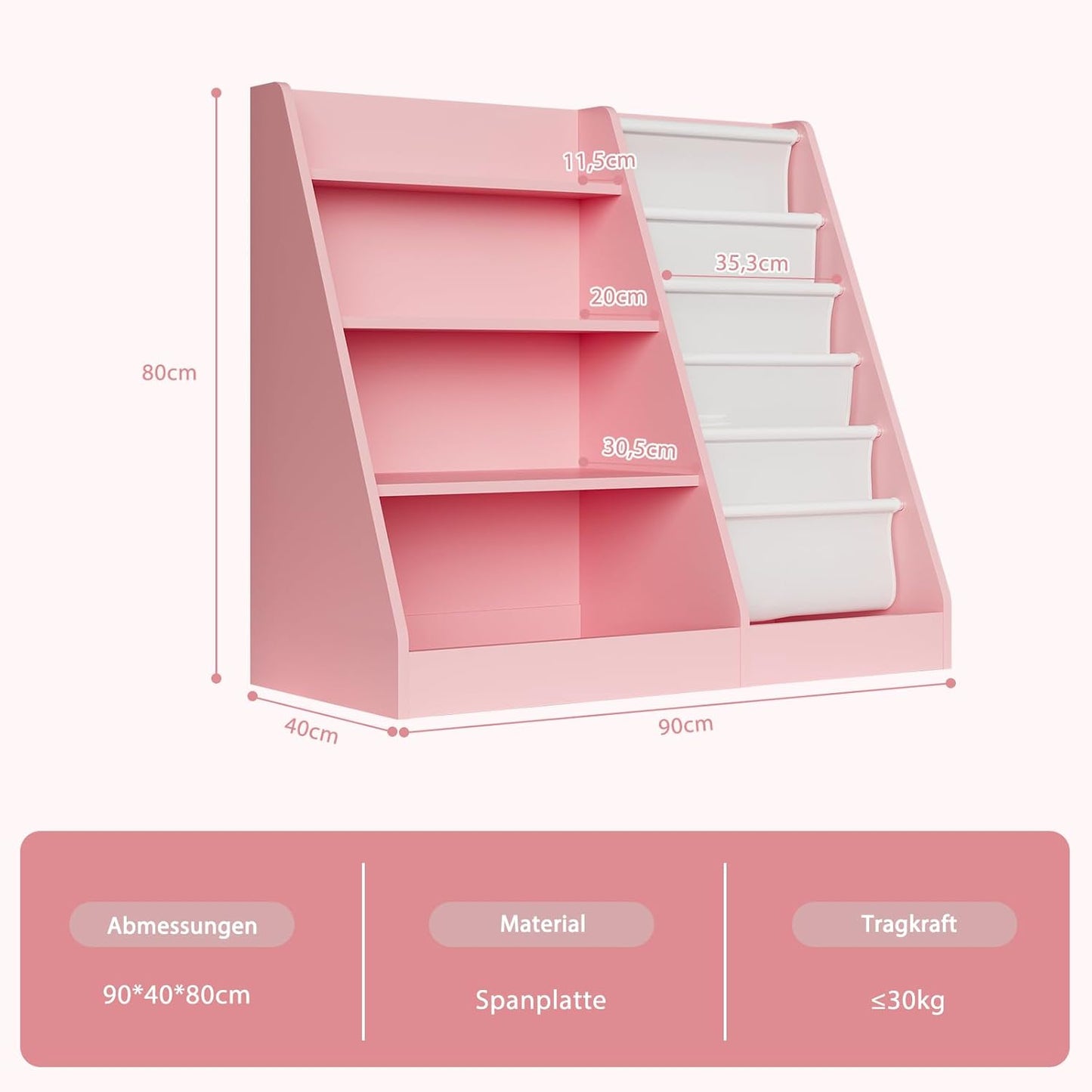 Children's Shelf, White with 5 Shelves and 4 Open Compartments, Bookcase for Children, Toy Organiser, 90 x 40 x 80 cm