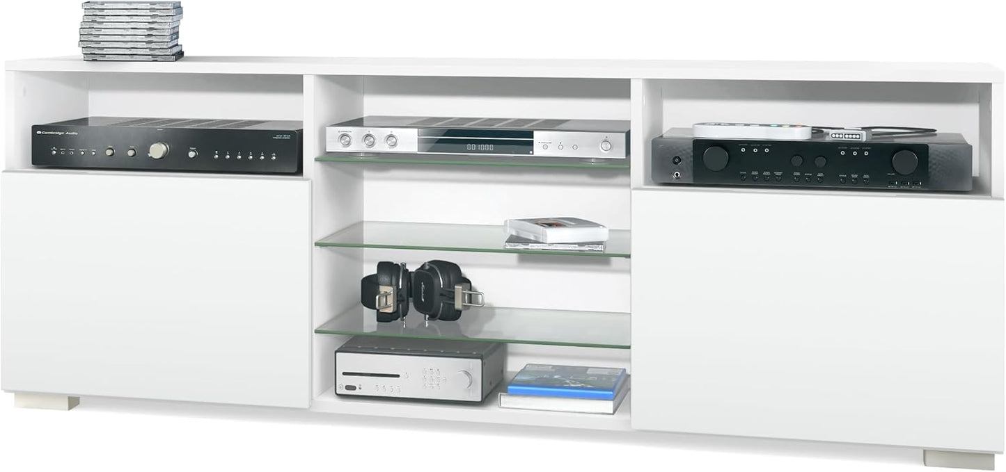 Vladon Granada TV Board Lowboard with 2 Doors and 6 Open Compartments, Matt White Body, Fronts in Sand Grey High Gloss (146 x 54 x 35 cm)