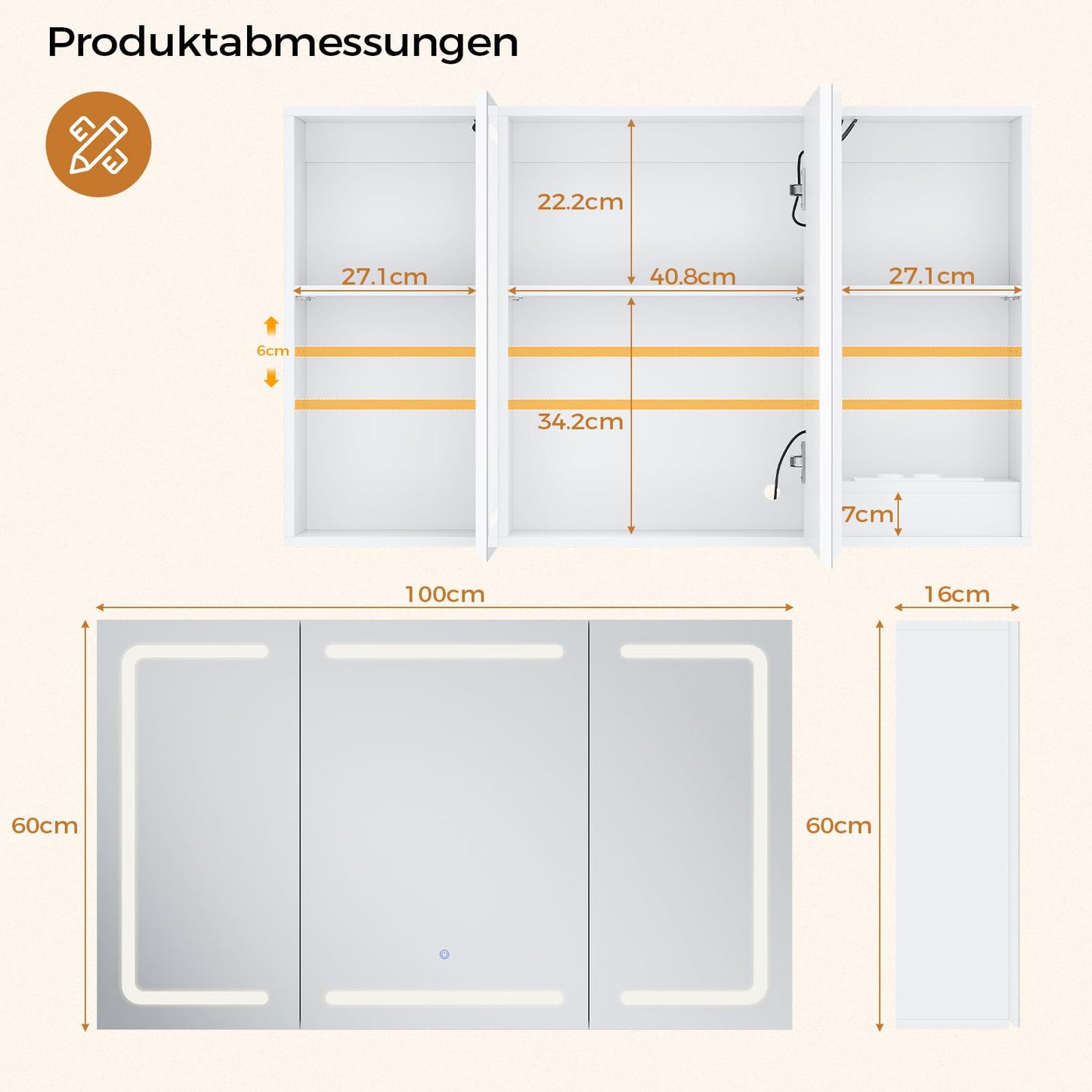 mojiasion Bathroom Mirror Cabinet 100 cm Wide with LED Lighting, Socket & 3 Colour Temperatures Dimmable Bathroom Cabinet with Touch Sensor 60 x 100 x 16 cm (H x W x D) Mirror + 3 Adjustable Shelves