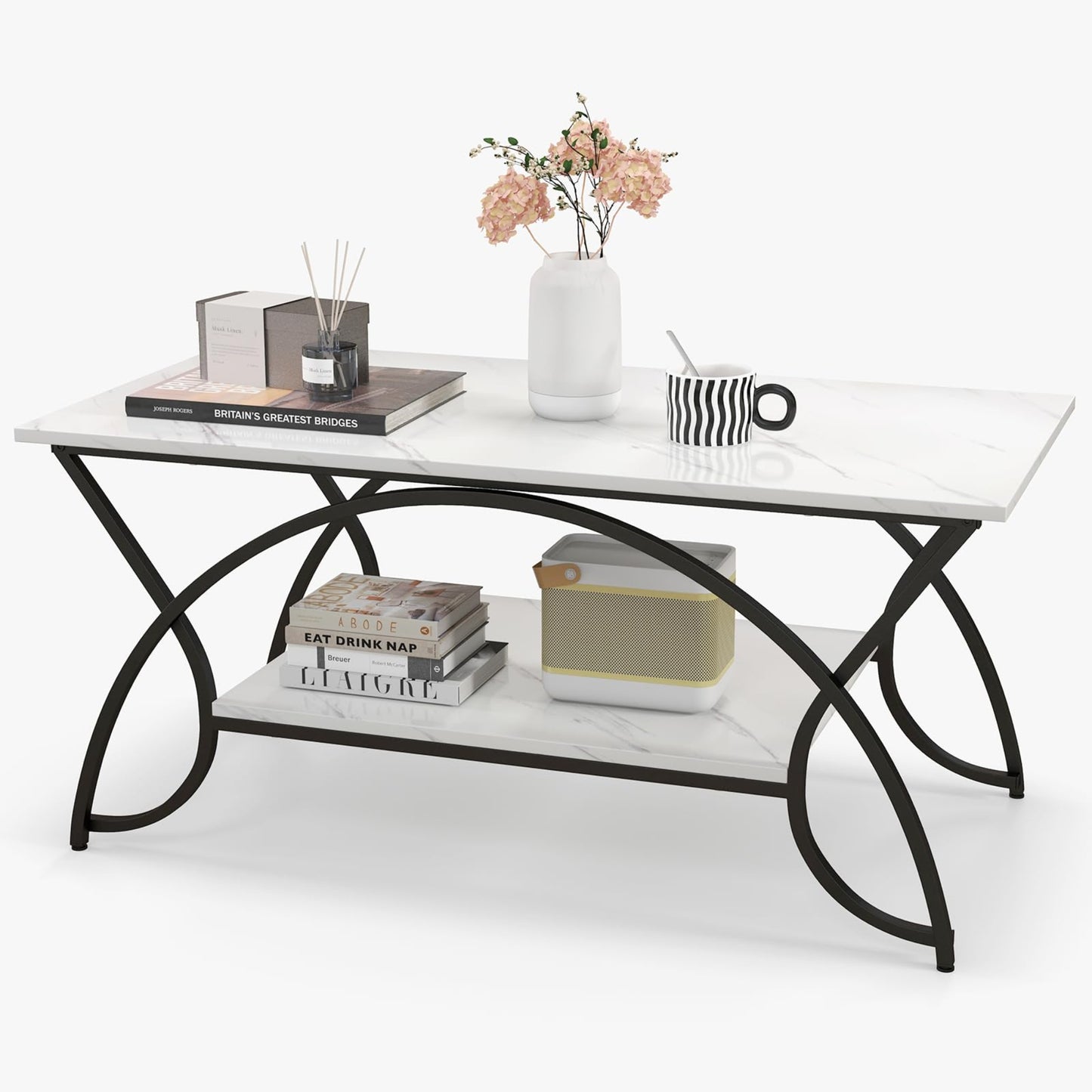 GIANTEX Coffee Table Marble Black, Coffee Table, Tea Table, 2 Shelves, Living Room Table, Modern Sofa Table, Tea Table, 100 x 50 x 45 cm, Accent Table with Metal Legs, Side Table with Marble Look
