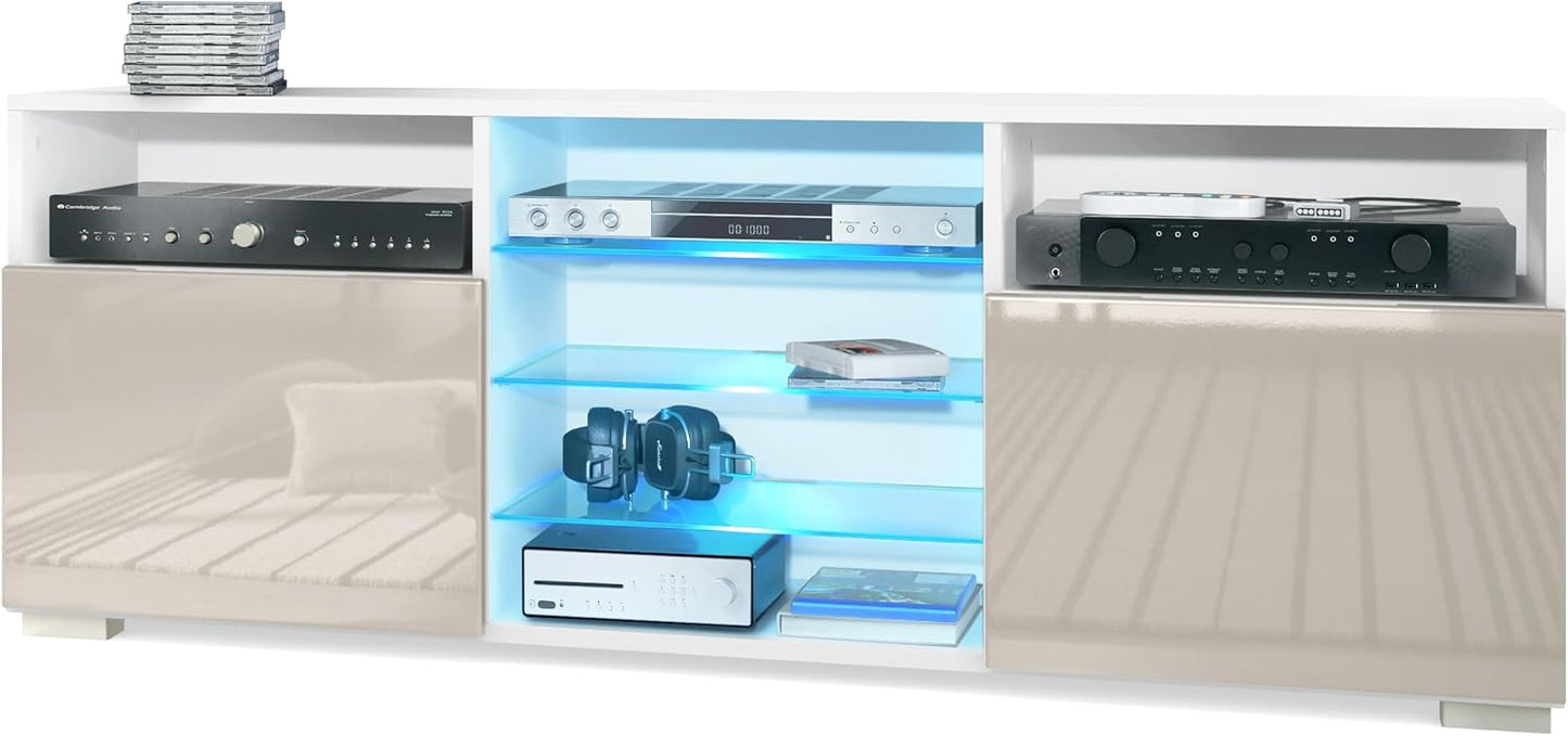 Vladon Granada TV Board Lowboard with 2 Doors and 6 Open Compartments, Matt White Body, Fronts in Sand Grey High Gloss (146 x 54 x 35 cm)