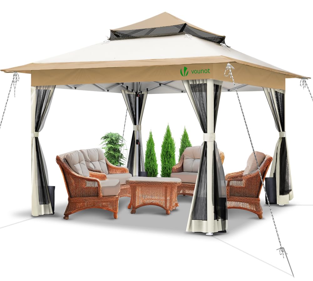 VOUNOT Pavillon Faltbar 3,6x3,6m, Pop Up Partyzelt mit Mesh Sides & Doppeldach, Faltpavillon Stabil mit Bein Gewichte & Roller Bag, Gartenpavillon Gartenzelt Grau