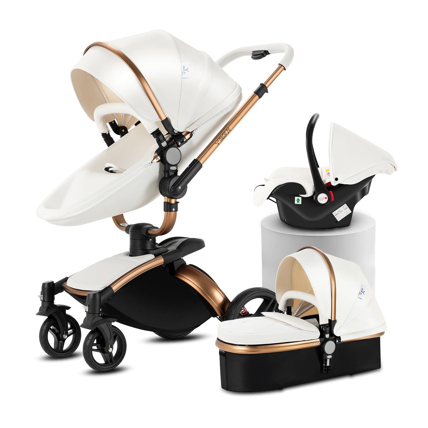 Doraystar 360° Rotation PU Leather Pushchair 3-in-1 Combination Pushchair 3-in-1 with Two Reversible Sliding Modes, Pushchair Complete Set with One-Click Folding Design, Aluminium Alloy Frame (906