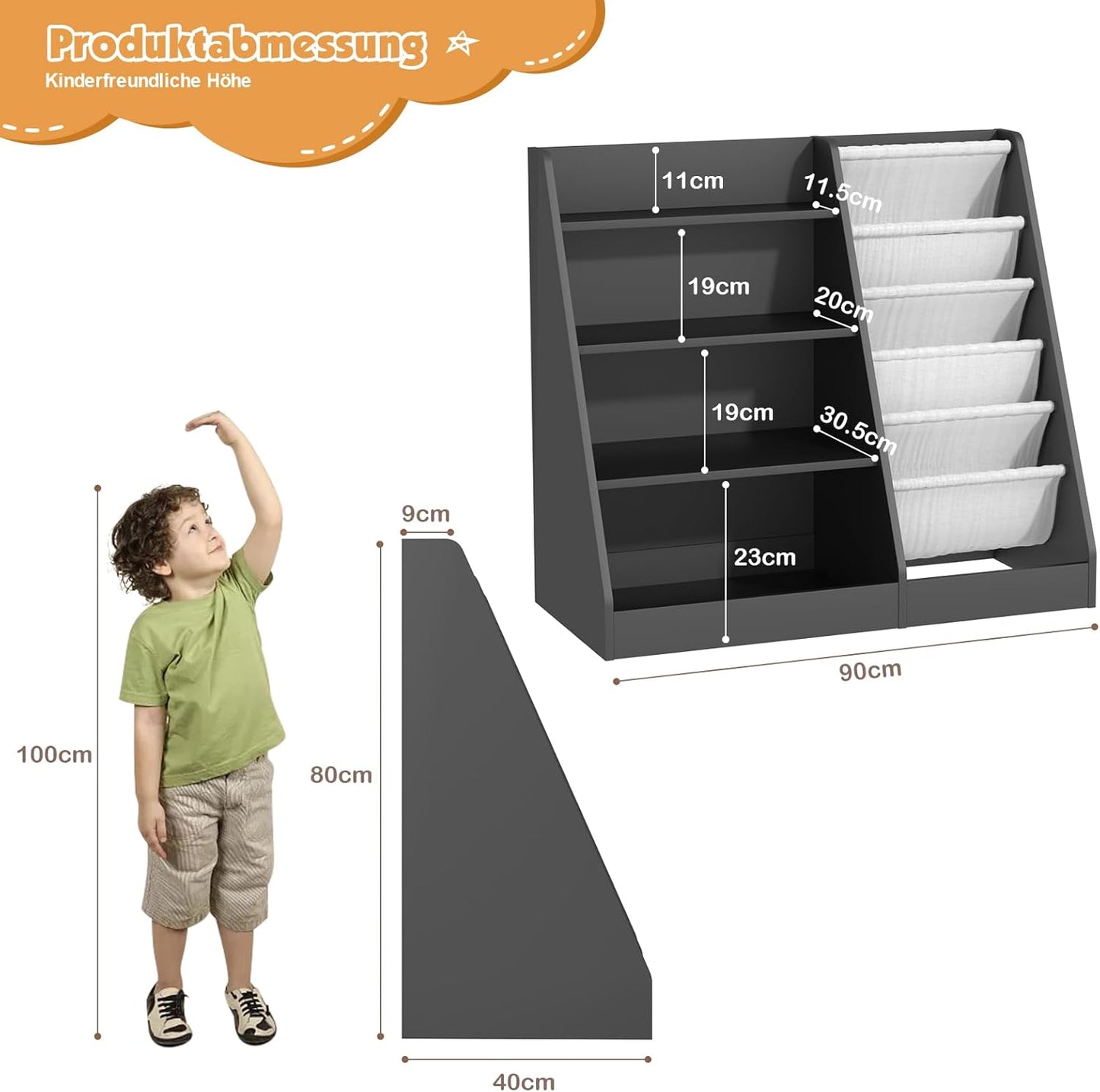 Children's Shelf, White with 5 Shelves and 4 Open Compartments, Bookcase for Children, Toy Organiser, 90 x 40 x 80 cm