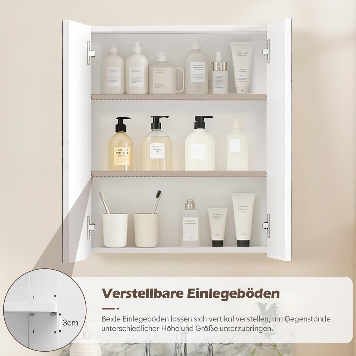 TUKAILAI Mirror Cabinet Bathroom Cabinet with 2 Toy Doors and Additional Shelf Storage Cabinet with Adjustable Shelves Wall Cabinet Medicine Cabinet Wall Cabinet for Bathroom White