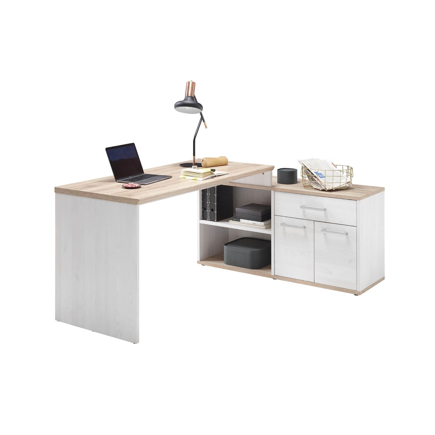 DEINE TANTE EMMA 39-015-D4 Romance Sibiu Larch White / Sanremo Oak Nb. Desk Angle Work Table Office Table Approx. 177 x 76 x 130 cm