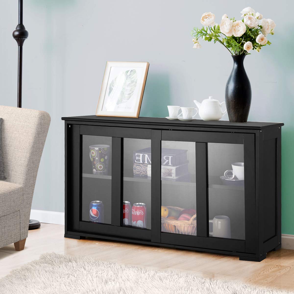 RELAX4LIFE Sideboard with 2 Sliding Glass Doors, Sideboard for Living Room, Hallway, Office and Kitchen, Hallway Cabinet with Height-Adjustable Shelf, Wooden Kitchen Cabinet (Cream)
