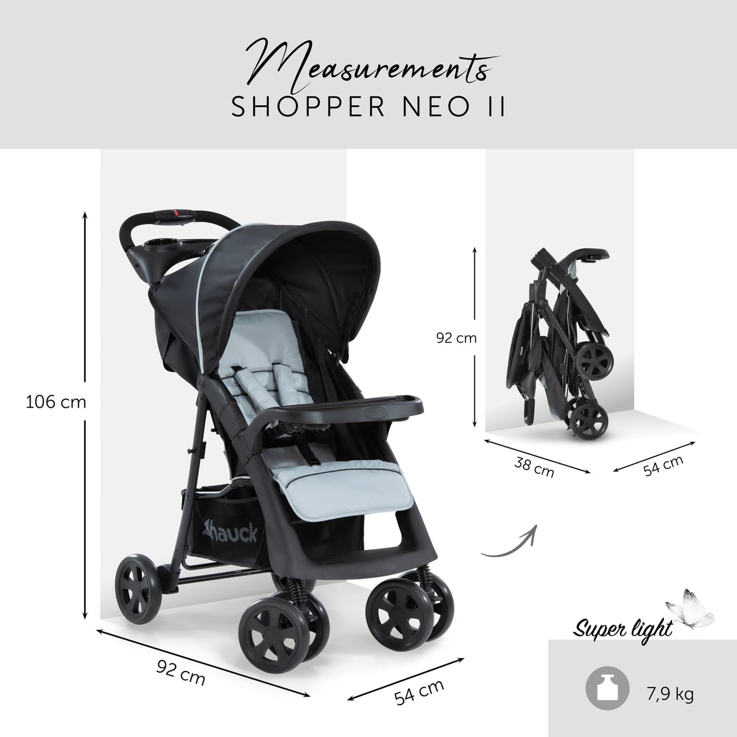 Hauck Buggy Shopper Neo II / with reclining function, small foldable / for children from birth up to 15 kg, Caviar Silver (Silver)
