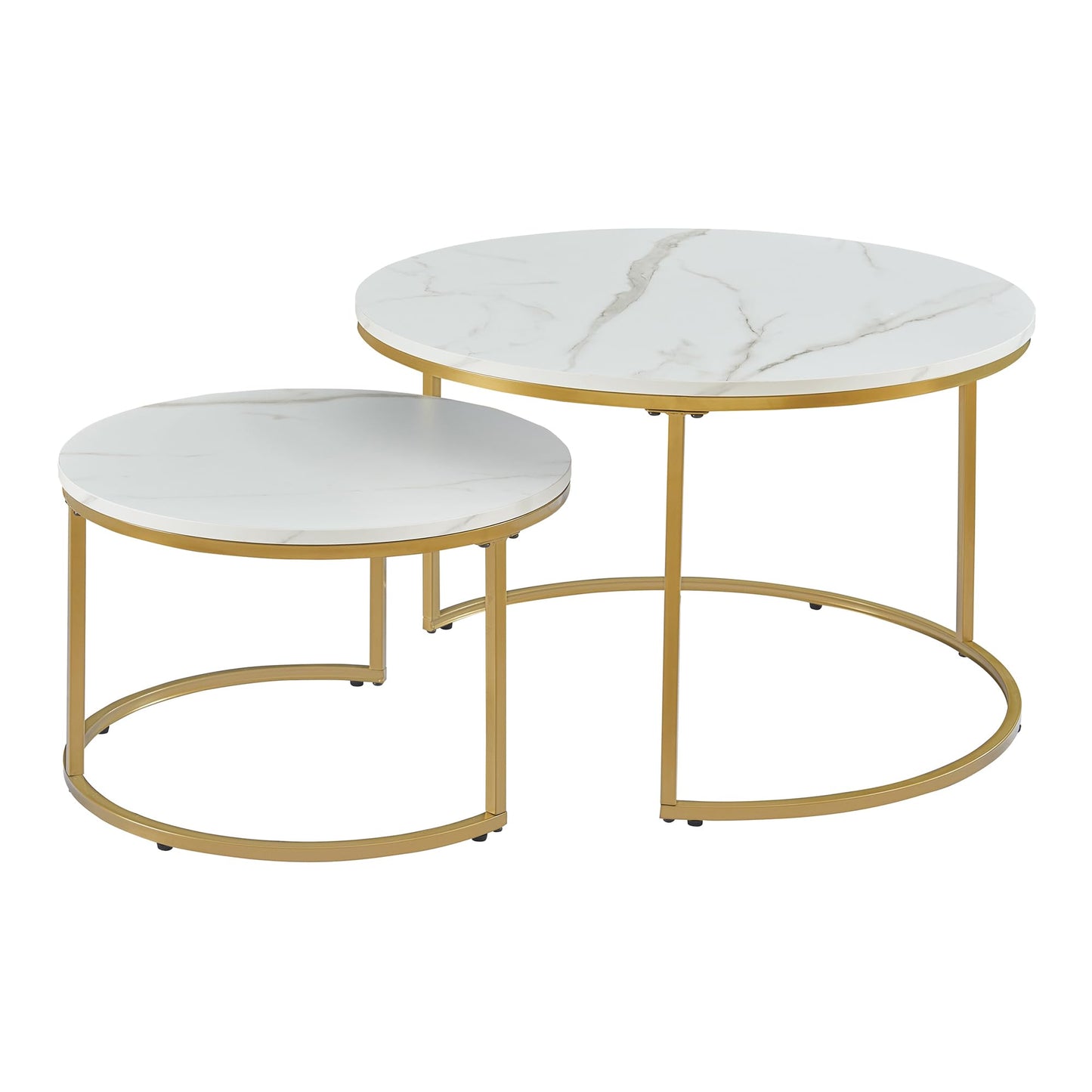 [en.casa] Christchurch Coffee Table, Set of 3, Round Sofa Table, Side Table with Metal Frame, Coffee Table, Marble Look, White/Gold