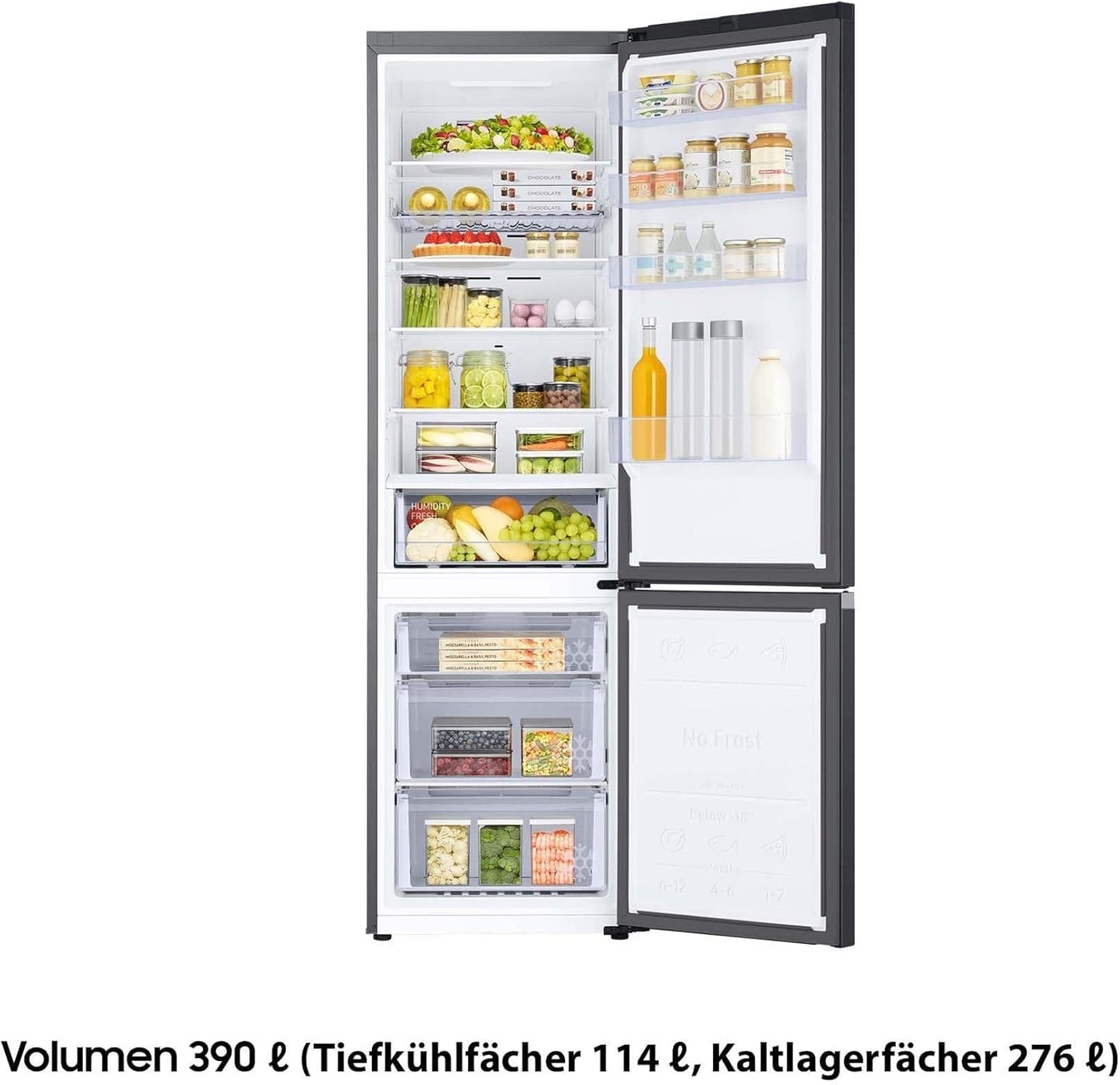 Samsung Fridge-Freezer, Fridge Freezer, 203 cm, 390 L Total Volume, 114 L Freezer, AI Energy Mode, Bottle Rack, Premium Black Steel, RL38C602CB1/EG