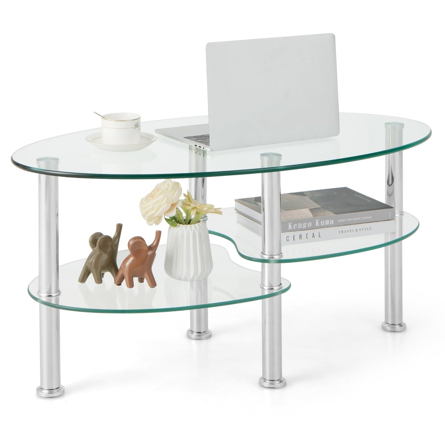 COSTWAY Glass Coffee Table, Glass Table, Oval, Living Room Table with 2 Shelves, Sofa Table, Coffee Table, Side Table for Living Room, 89 x 50 x 45 cm