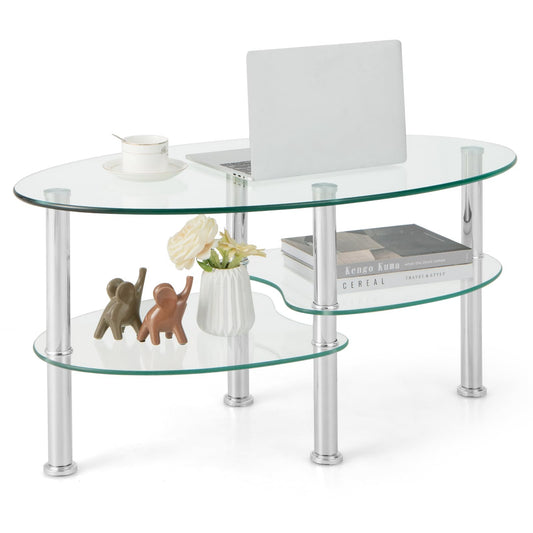 COSTWAY Glass Coffee Table, Glass Table, Oval, Living Room Table with 2 Shelves, Sofa Table, Coffee Table, Side Table for Living Room, 89 x 50 x 45 cm
