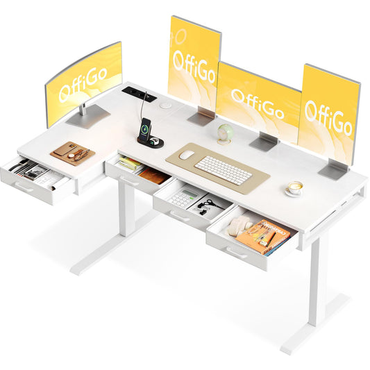 OffiGo Corner Desk, Height Adjustable, 160 x 80 cm, Height Adjustable Desk with 4 Drawers, Electric Table, L Shape with Socket for Office and Study, Large Corner Table, Vintage Brown