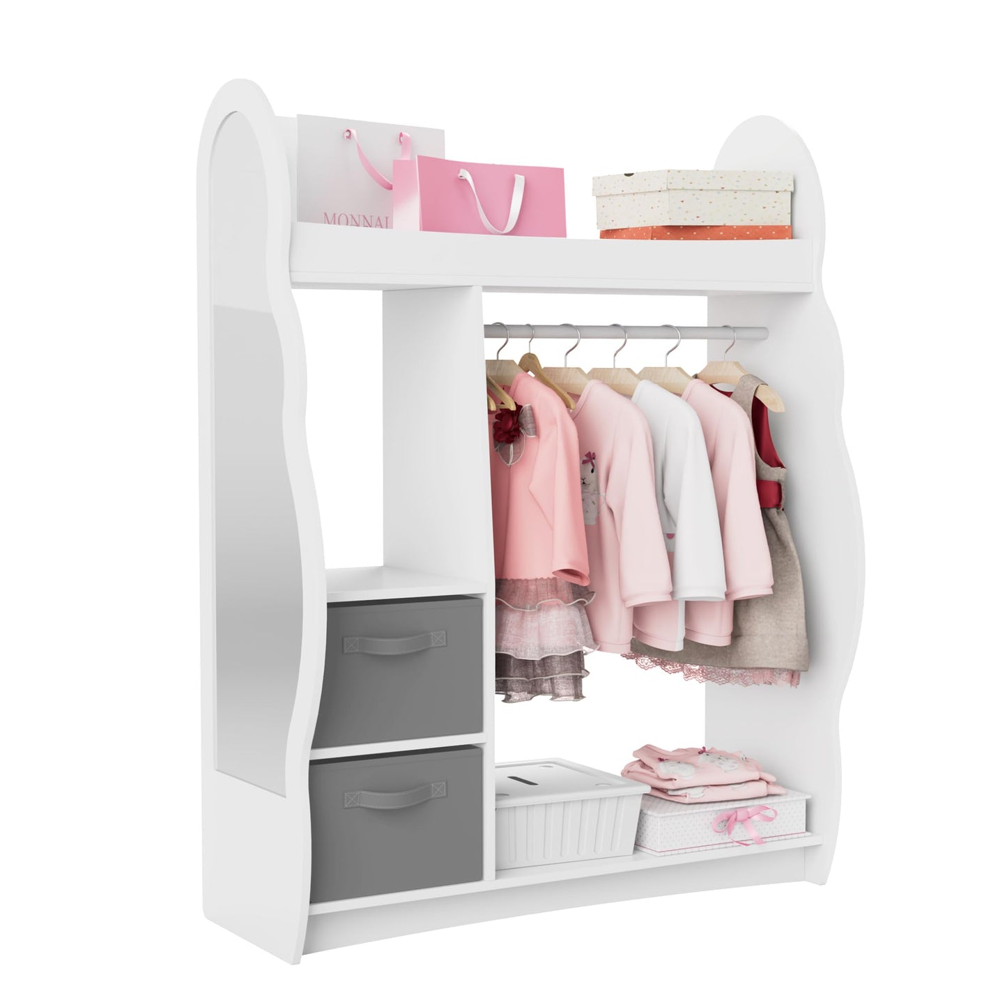 Children's Clothes Rack with Mirror, Clothes Rail with Shelves, Children's Wardrobe Wood, Children's Shelf for Children's Room, 81 x 28 x 106.5 cm (Clouds with 2 Drawers, White)