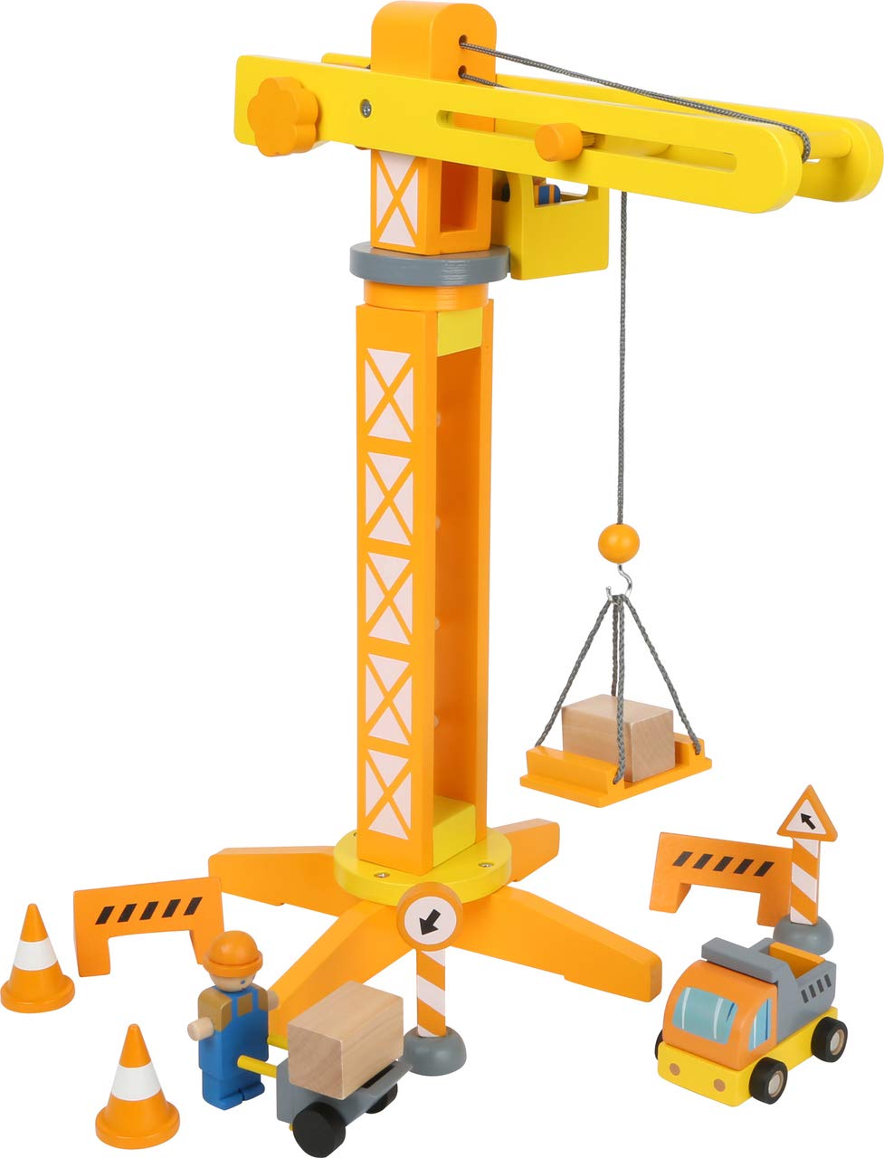 Small Foot 12007 Wooden Crane FSC 100% Certified with Construction Site Accessories 13 Pieces 360 Degree Rotation for Small Builders Toys Multi-Colour