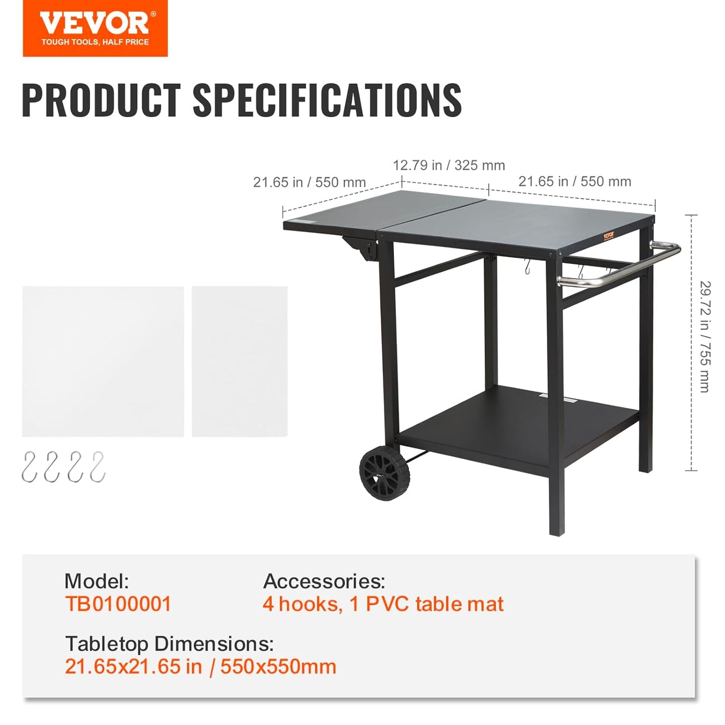 VEVOR Barbecue Trolley, Kitchen Trolley, 97.2 x 64 x 75.5 cm, Outdoor Serving Trolley with Double Shelf, Movable Grill Table for Preparing Food, Multifunctional Iron Table Top, Black