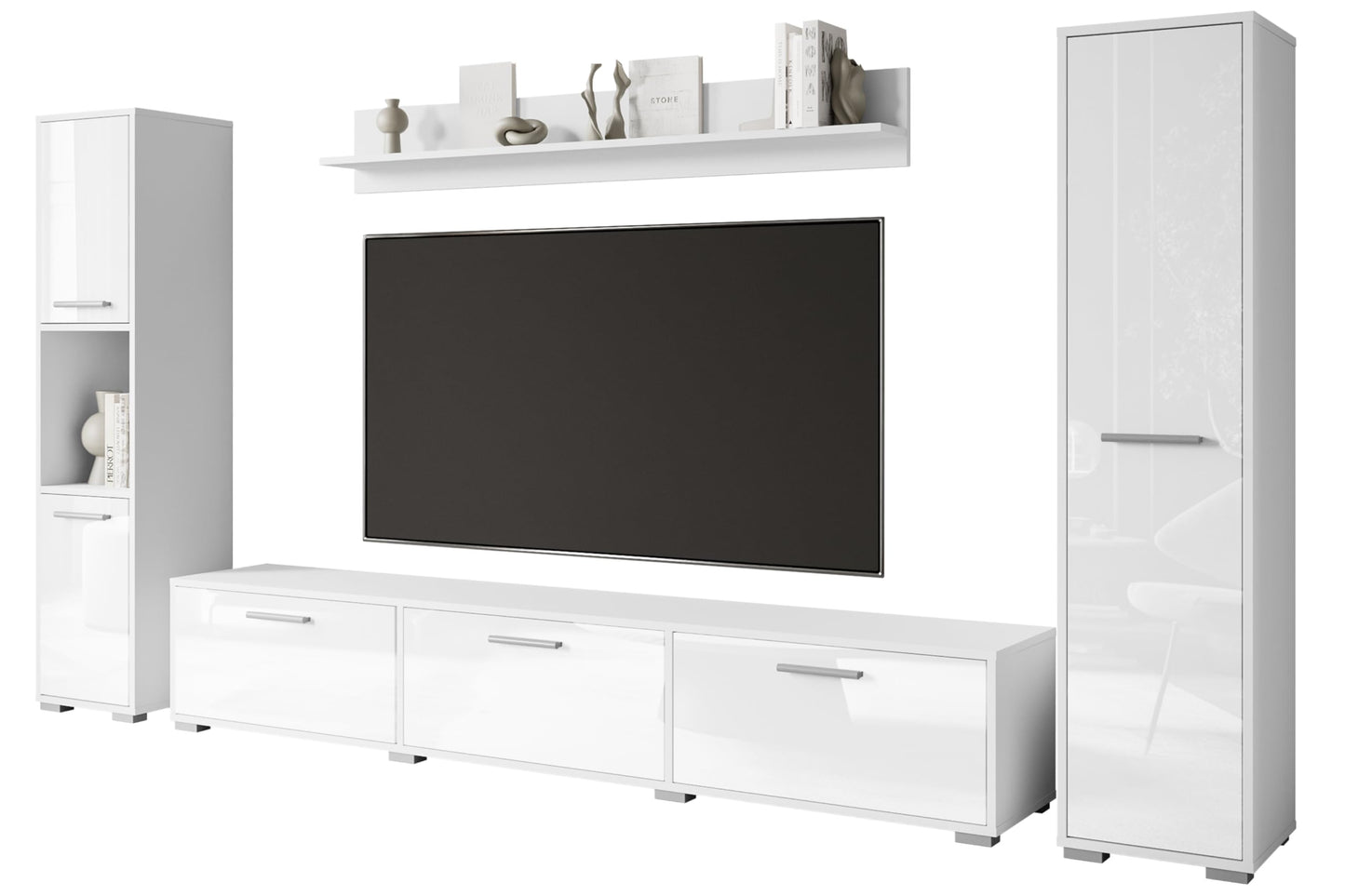 MINIO go for it - Living Room Wall Unit 4-Piece Toga, Living Room Furniture Set, 1 x TV Lowboard, 2 x Tall Cabinet, 1 x Wall Board, Living Room Furniture Complete, Living Room Set - Colour Wotan Oak