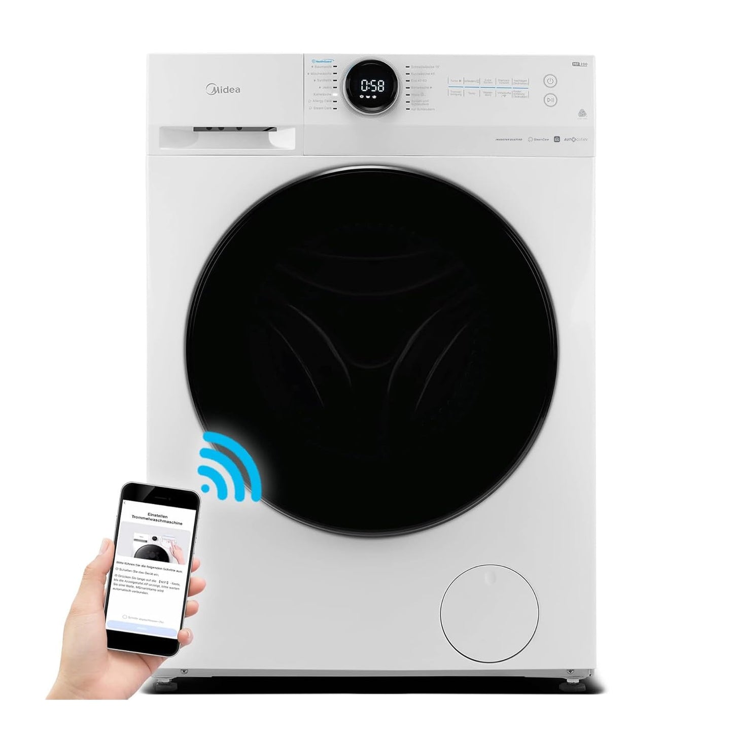 Midea MF200W80WB-14AS Washing Machine, 8 kg, Energy Efficiency Class A, Automatic Volume, Steam Care, Refill Function, 1400 rpm, Time Saving, Turbo, Only 48 cm Deep, App Control, AquaStop, White