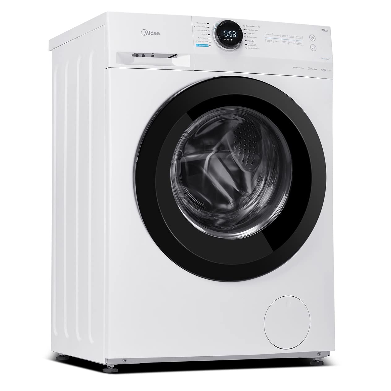 Midea MF200W80WB-14AS Washing Machine, 8 kg, Energy Efficiency Class A, Automatic Volume, Steam Care, Refill Function, 1400 rpm, Time Saving, Turbo, Only 48 cm Deep, App Control, AquaStop, White