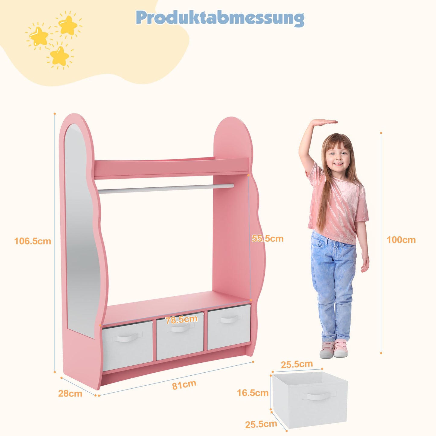 Children's Clothes Rack with Mirror, Clothes Rail with Shelves, Children's Wardrobe Wood, Children's Shelf for Children's Room, 81 x 28 x 106.5 cm (Clouds with 2 Drawers, White)