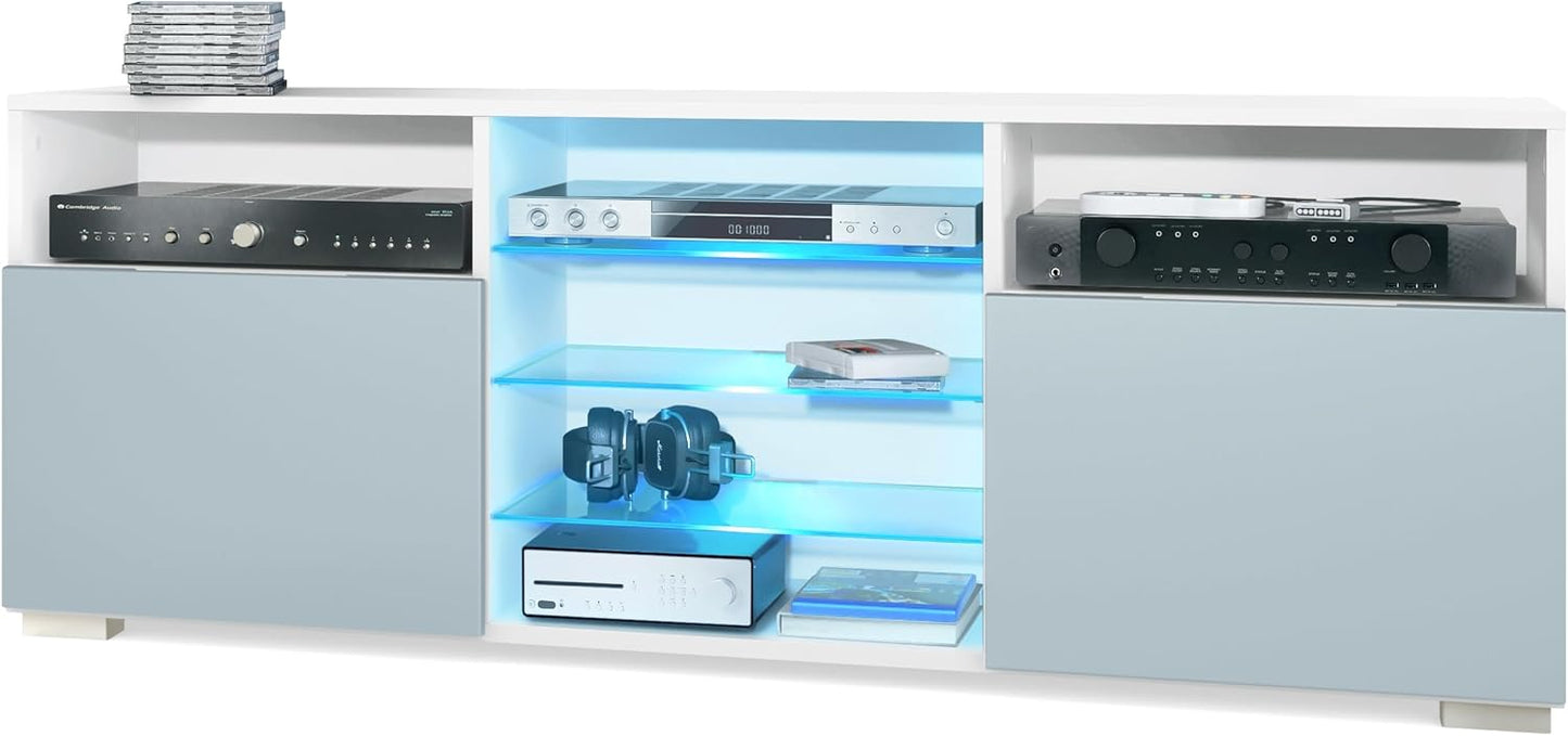 Vladon Granada TV Board Lowboard with 2 Doors and 6 Open Compartments, Matt White Body, Fronts in Sand Grey High Gloss (146 x 54 x 35 cm)