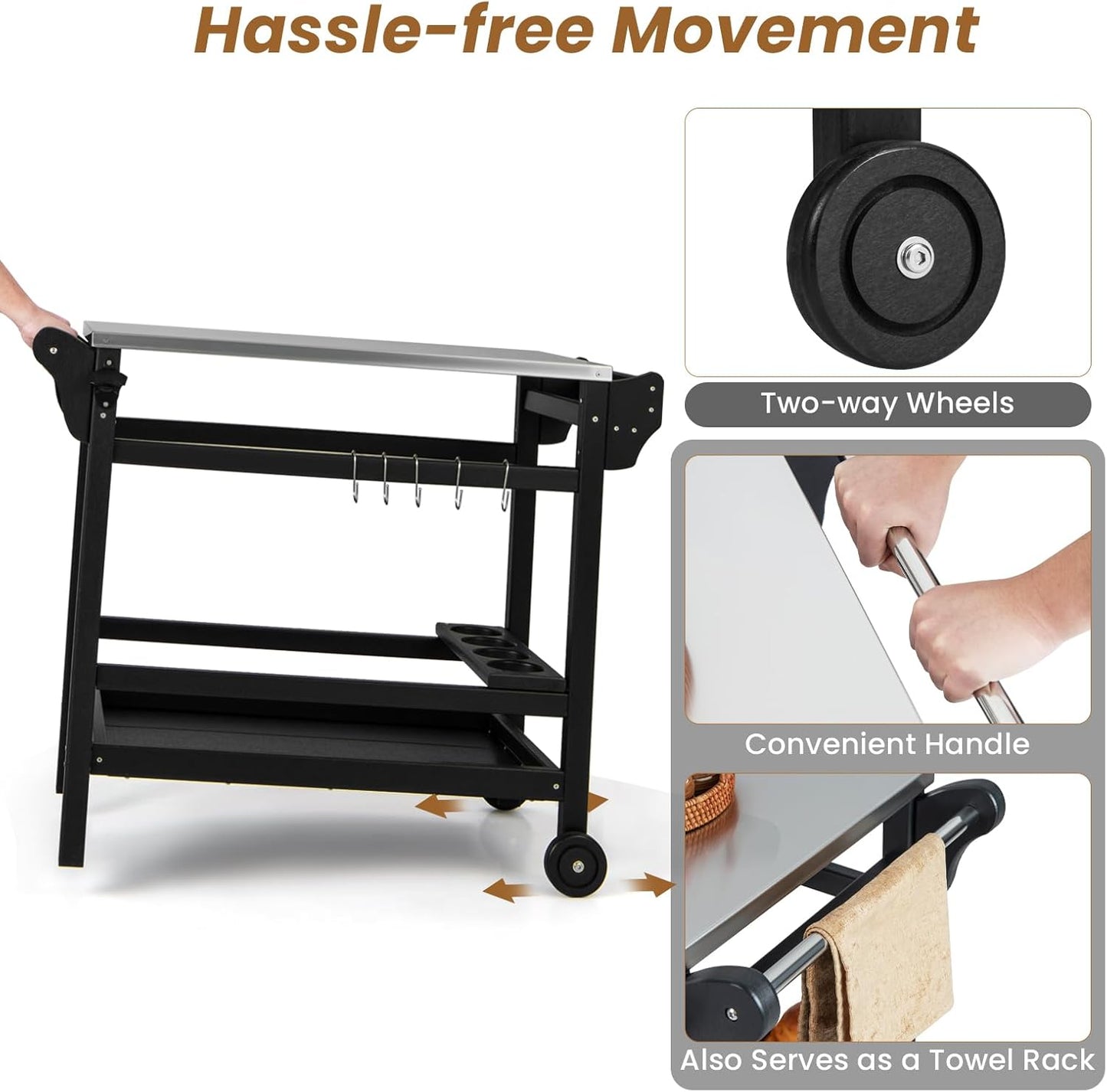 KOMFOTTEU Barbecue Trolley Grill Table with Stainless Steel Worktop, Garden Trolley Made of HDPE, Serving Trolley with Spice Tray, Wine Bottle Rack & Hooks, Grill Trolley, Kitchen Trolley for Outdoor