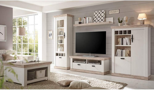 Lomadox Country House Wall Unit Set and Coffee Table, Pine White and Oslo Dark, LED Lighting, W x H x D Approx. 330 x 201 x 44 cm