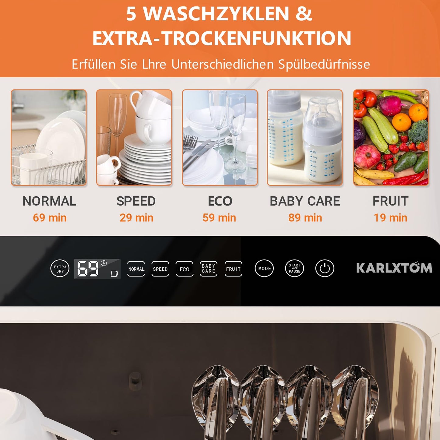 Karlxtom TDQR03A Mini Dishwasher, 6 Programmes Freestanding Table Dishwasher, Dishwasher with 2 Water Supply Modes, Car Drying, Perfect for Small Families and Couples