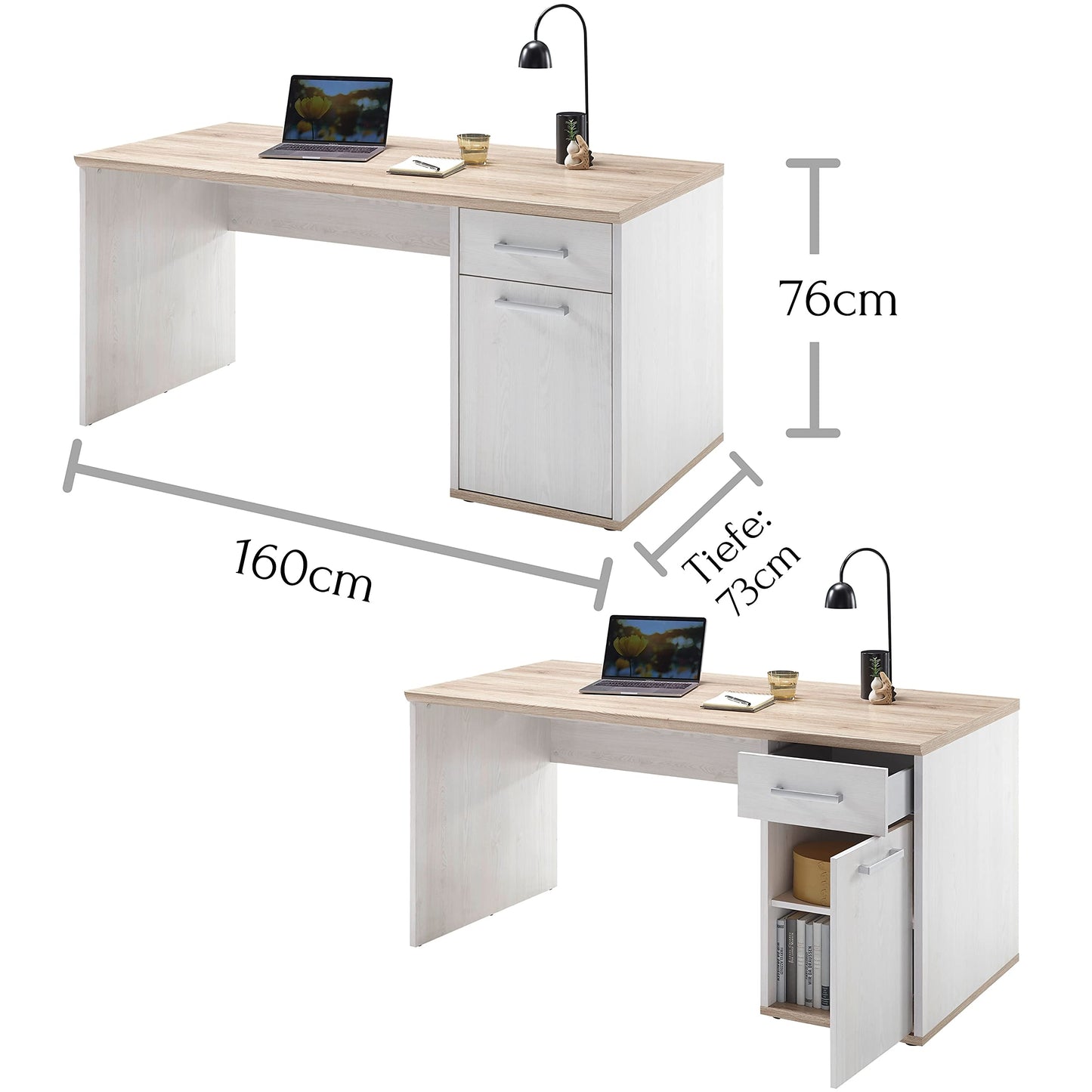 DEINE TANTE EMMA 39-015-D4 Romance Sibiu Larch White / Sanremo Oak Nb. Desk Angle Work Table Office Table Approx. 177 x 76 x 130 cm