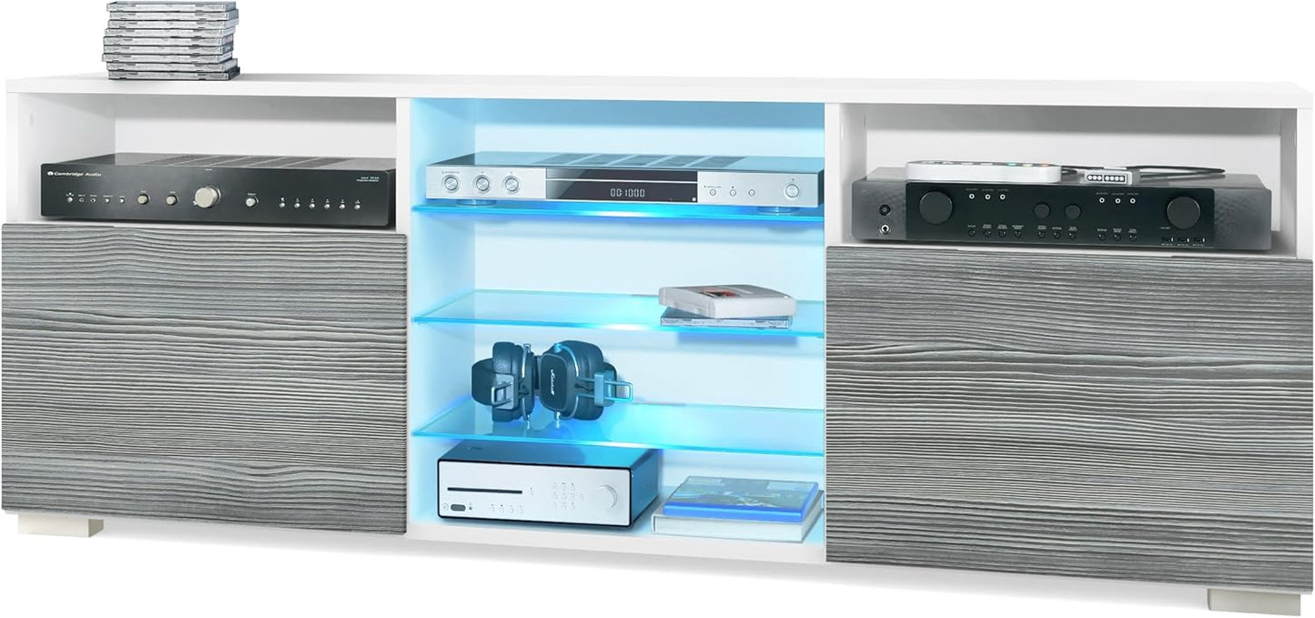 Vladon Granada TV Board Lowboard with 2 Doors and 6 Open Compartments, Matt White Body, Fronts in Sand Grey High Gloss (146 x 54 x 35 cm)