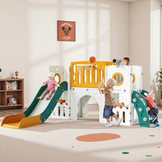 MAMIZO 9-in-1 Children's Slide, Children's Slide with Climbing Frame, Indoor and Outdoor Slide with Basketball Hoop and Telescope, Tunnel, Storage Space, Garden Slide, Children's Playground, with 2