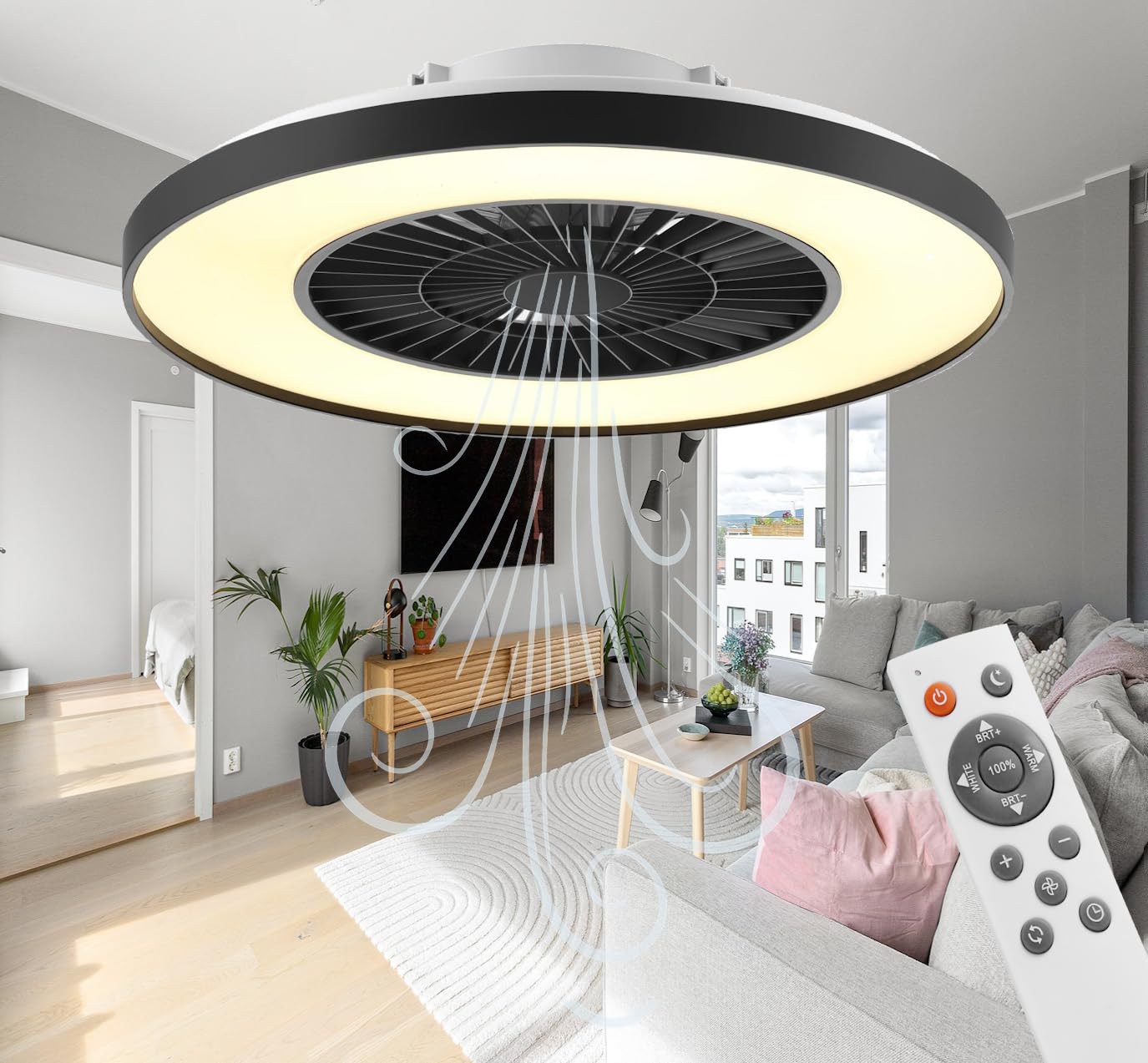 HSL LED Ceiling Light with Fan, Diameter 50 cm, Ceiling Fan with Lamp, Star Effect, Continuous Ventilation Speeds, Effortless Light Dimming, with Remote Control, 3000-5500 K, 4300 Lm, Air Conditioner
