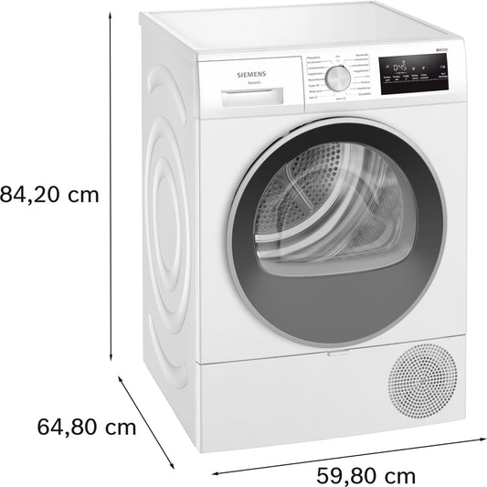 Siemens WT45HV0EM iQ300 Heat Pump Dryer, 8 kg, autoDry, super40 Programme, 63 dB, Touch LED Display, SoftDry, Outdoor Program, EasyClean Filter, Child Lock, White