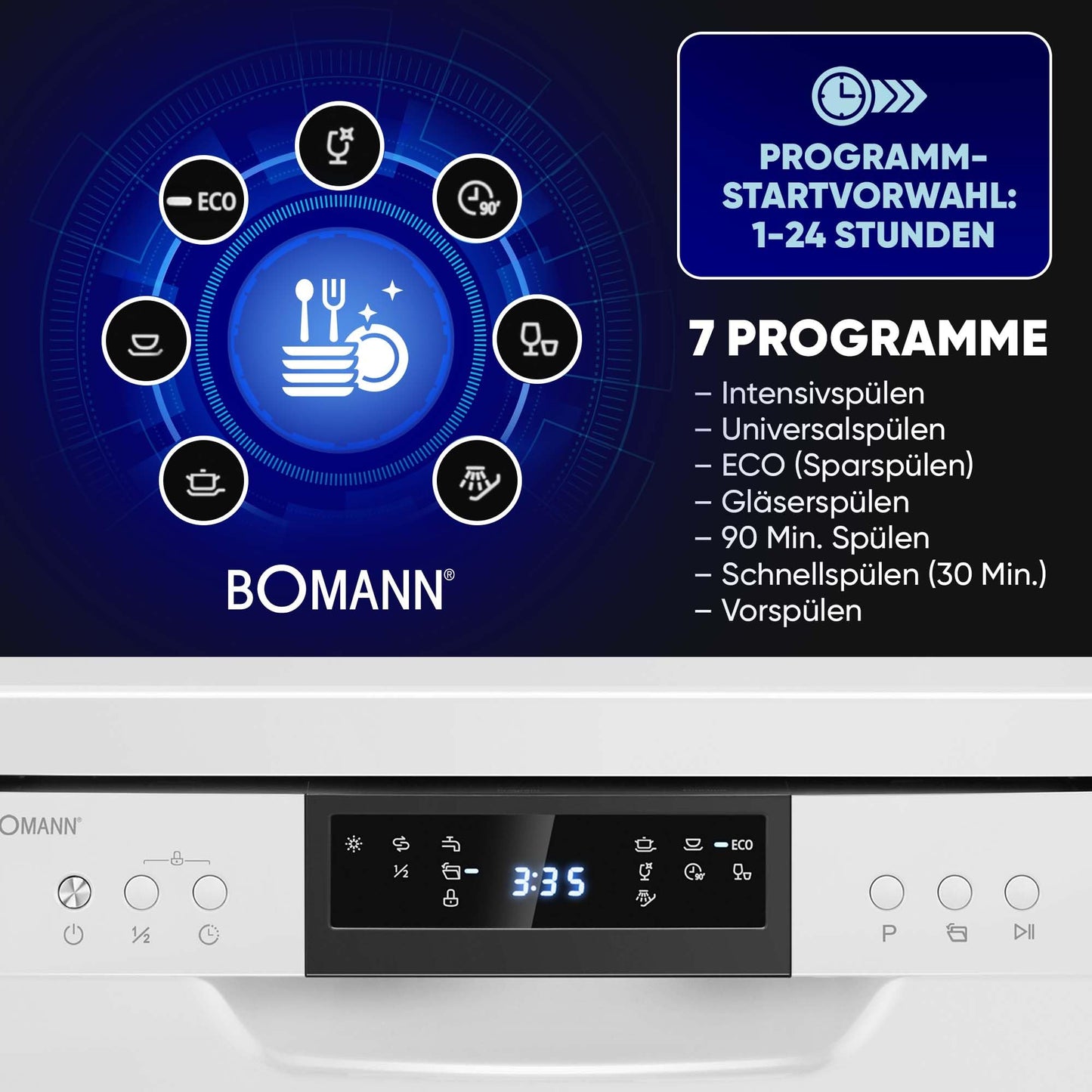 Bomann GSP 7418 Dishwasher, 10 Place Settings, Dishwasher Stand or Substructure, 7 Programmes & 2 Spray Levels, Dishwasher with Start Selection White