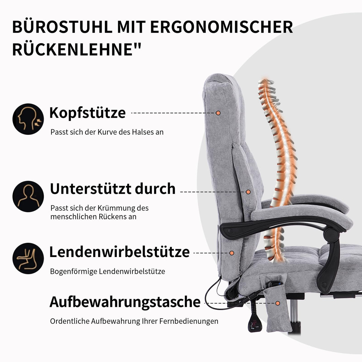 Ergonomic Office Chair, Massage and Heat Chair, Swivel Chair with Footrest, Furniture for Study, PC Chair, Executive Chair, Fabric (Grey)