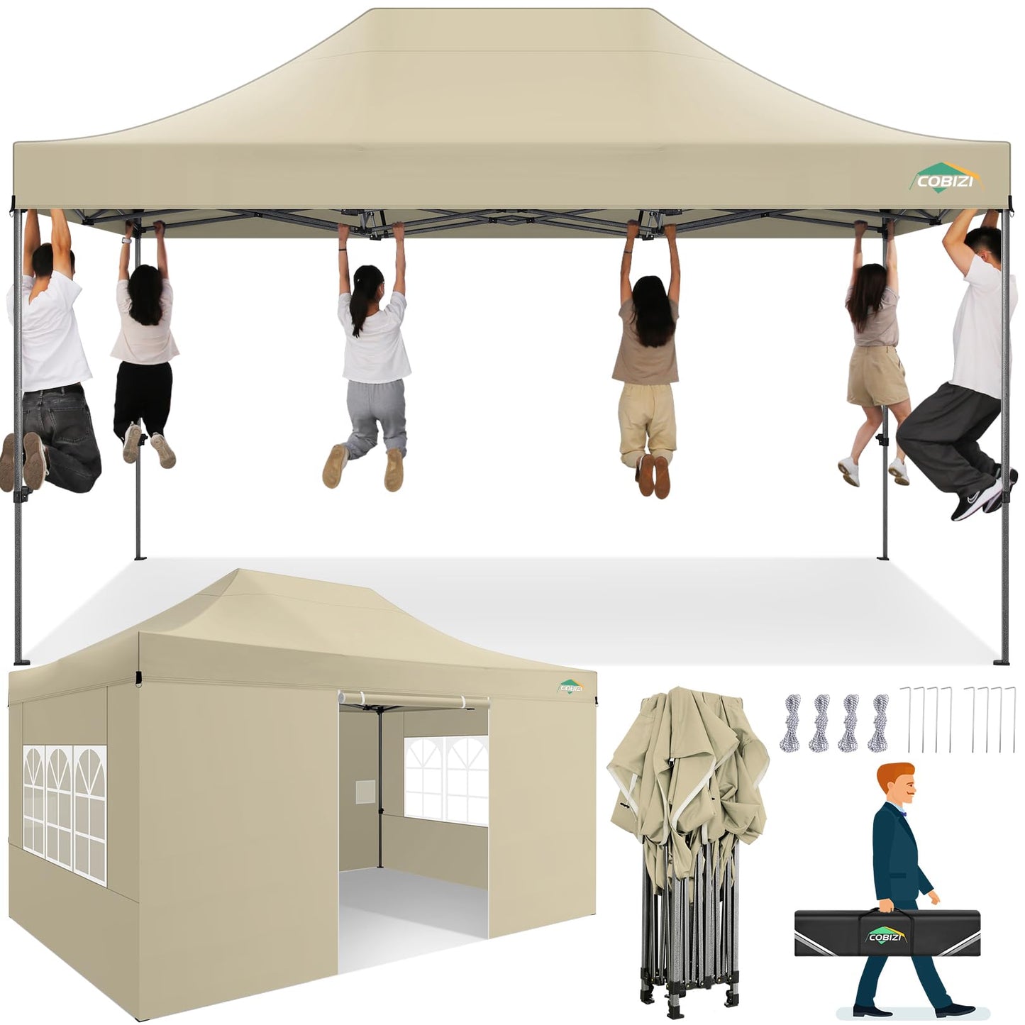 COBIZI Pavillon Faltpavillon 3x3 wasserdicht stabil Winterfest,Outdoor faltbar partyzelt，gartenpavillon mit 4 Seitenteilen und 4 Sandsack und Laufradtasche, Schwarz