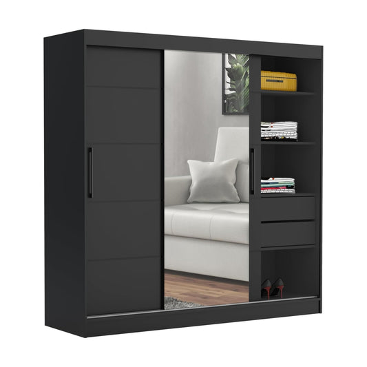 Brent - Kleiderschrank mit Spiegel und Schubladen 200cm Breit Chelsea Tomy, Schwebetürenschrank mit Spiegel, Schlafzimmerschrank, Kleiderschrank Schwarz/Wotan Eiche
