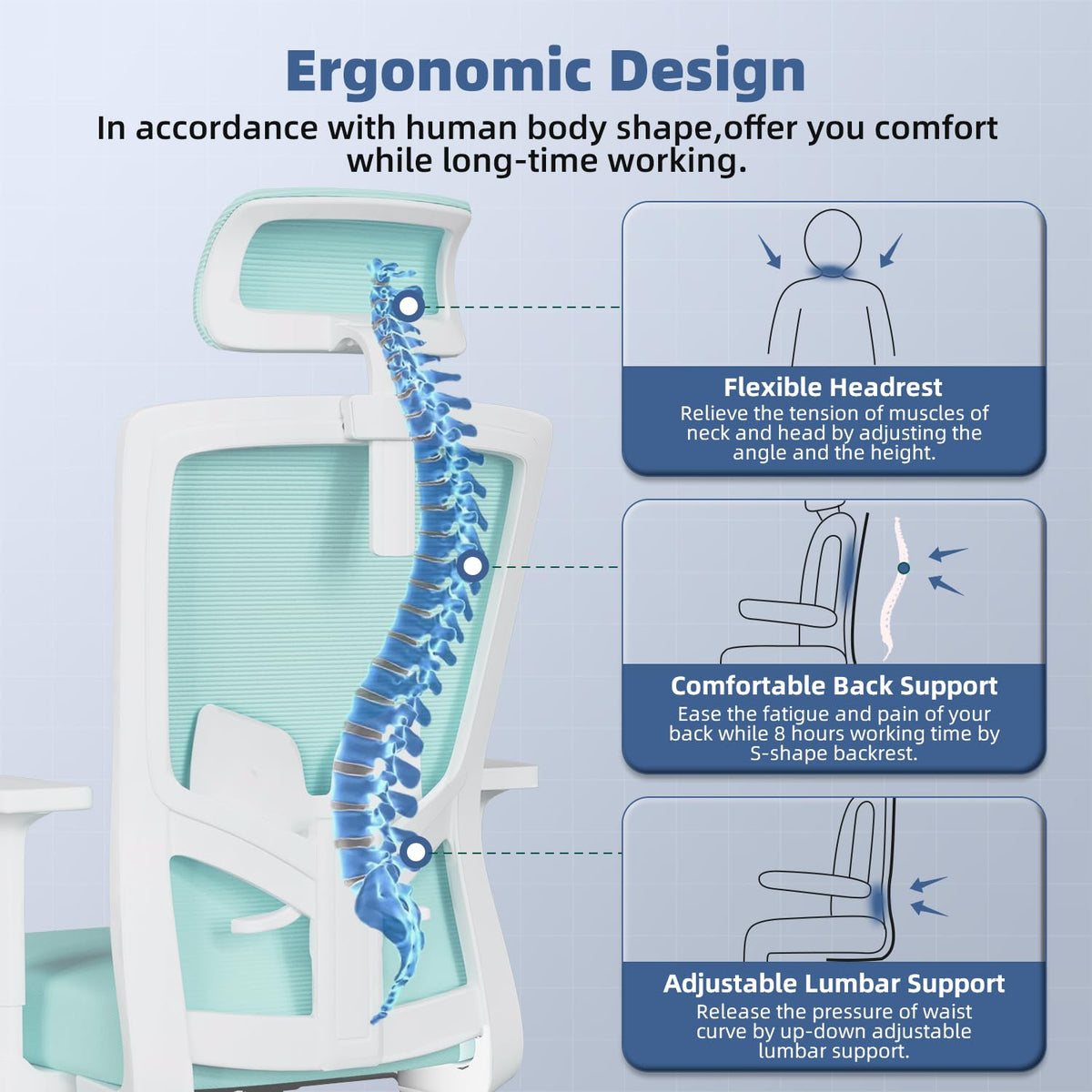 Ergonomic Office Chair with Adjustable Lumbar Support, Armrests and Headrest, Swivel Office Chair 150 kg, Desk Chair, Executive Chair, Rocker Function up to 135°