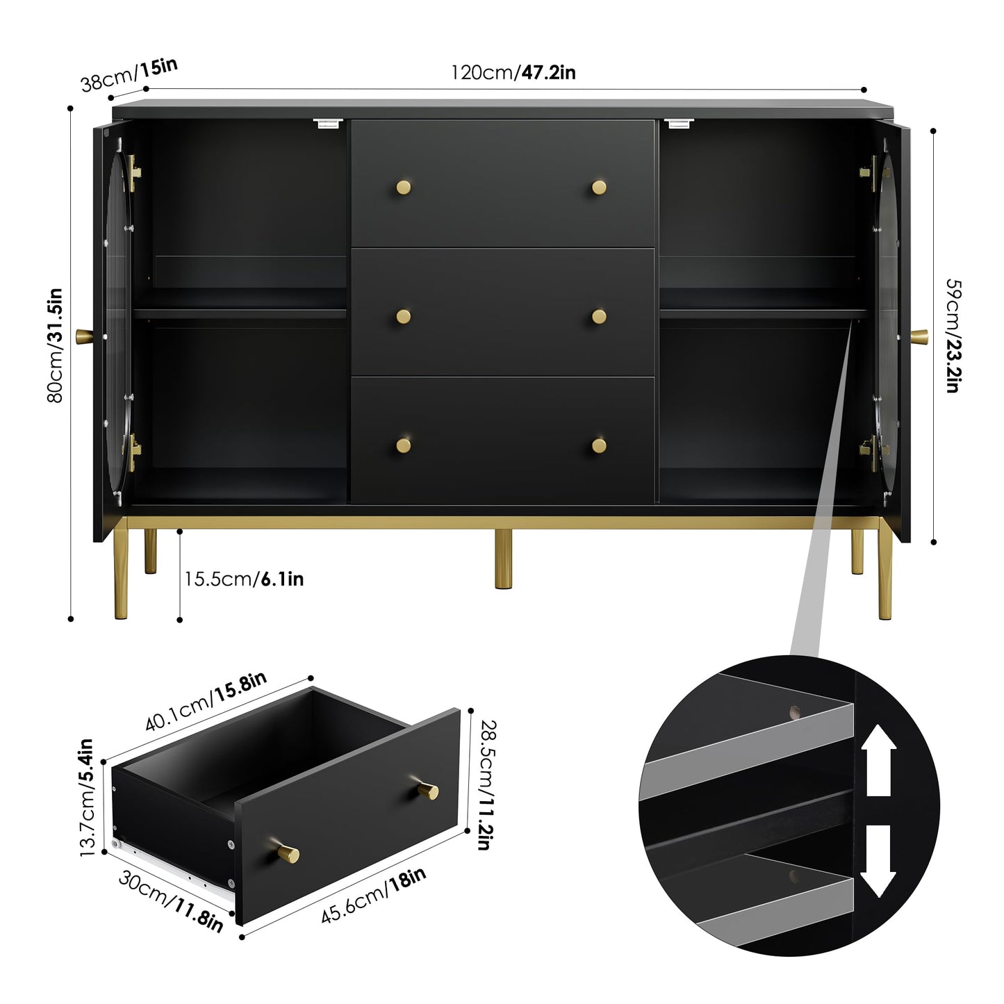 FirFurd Sideboard 120 cm Wide Kitchen Cabinet with Worktop Buffet Cabinet with 2 Glass Doors 3 Drawers Kitchen Buffet with Adjustable Shelf for Kitchen Dining Room Living Room 120 x 38 x 80 cm Black