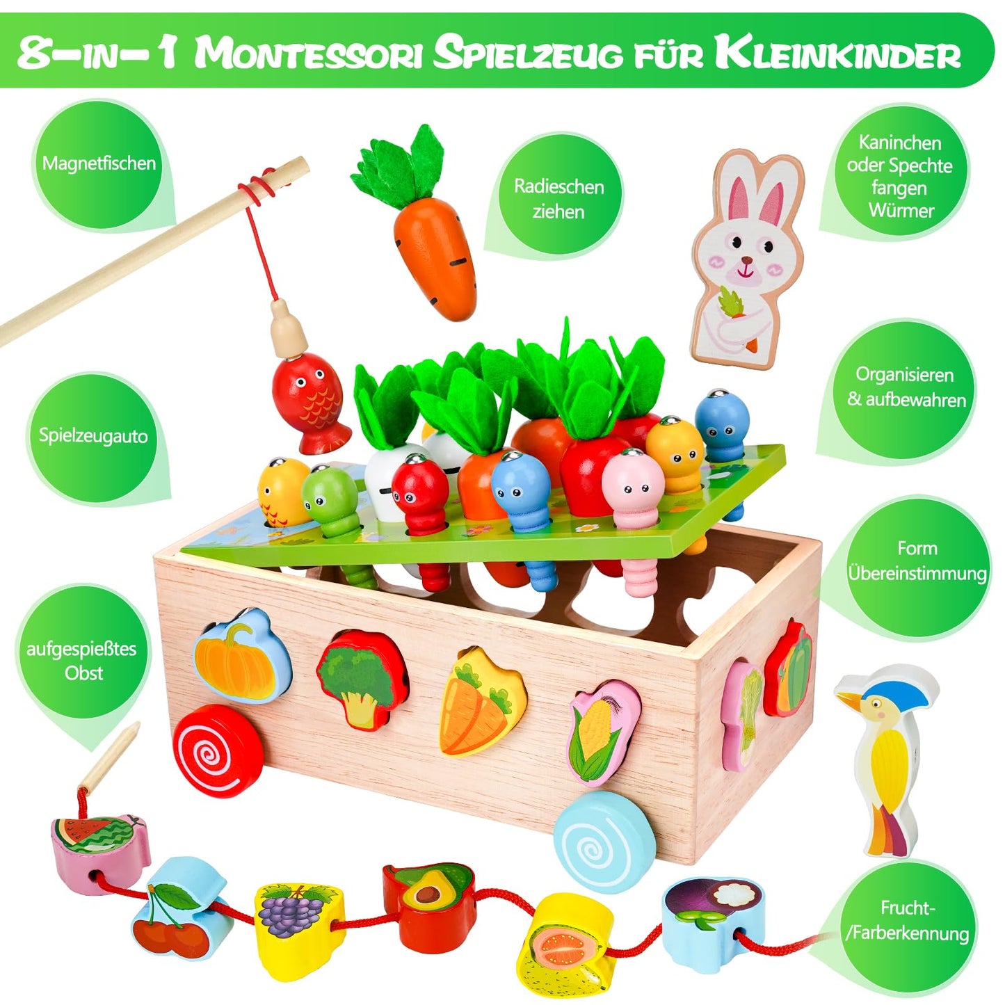 Goffii Montessori Toy, Children's Baby 8-in-1 Wooden Toy, Farm Cars, Carrots Harvest Sorting Stacking Toy, Hand Eye Coordination Motor Skills Toy from 3 4 5 Years Girls Boys Gift