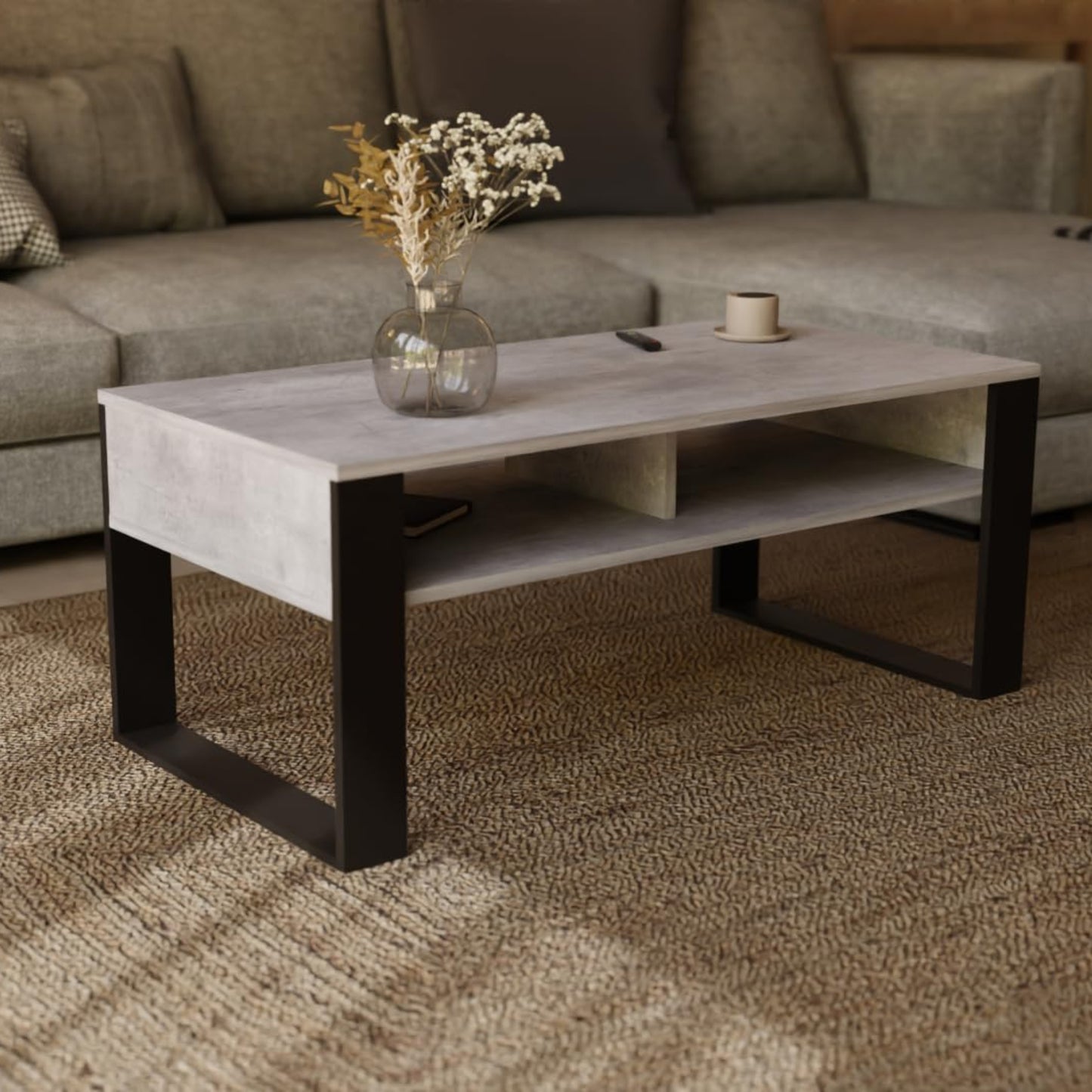 Artisan Coffee Table, Retro Loft Bench, Open Double Shelf, Skate Legs, Ideal for Coffee Get-Togethers, Laminated Top, Large Surface, Guaranteed Stability, White 3