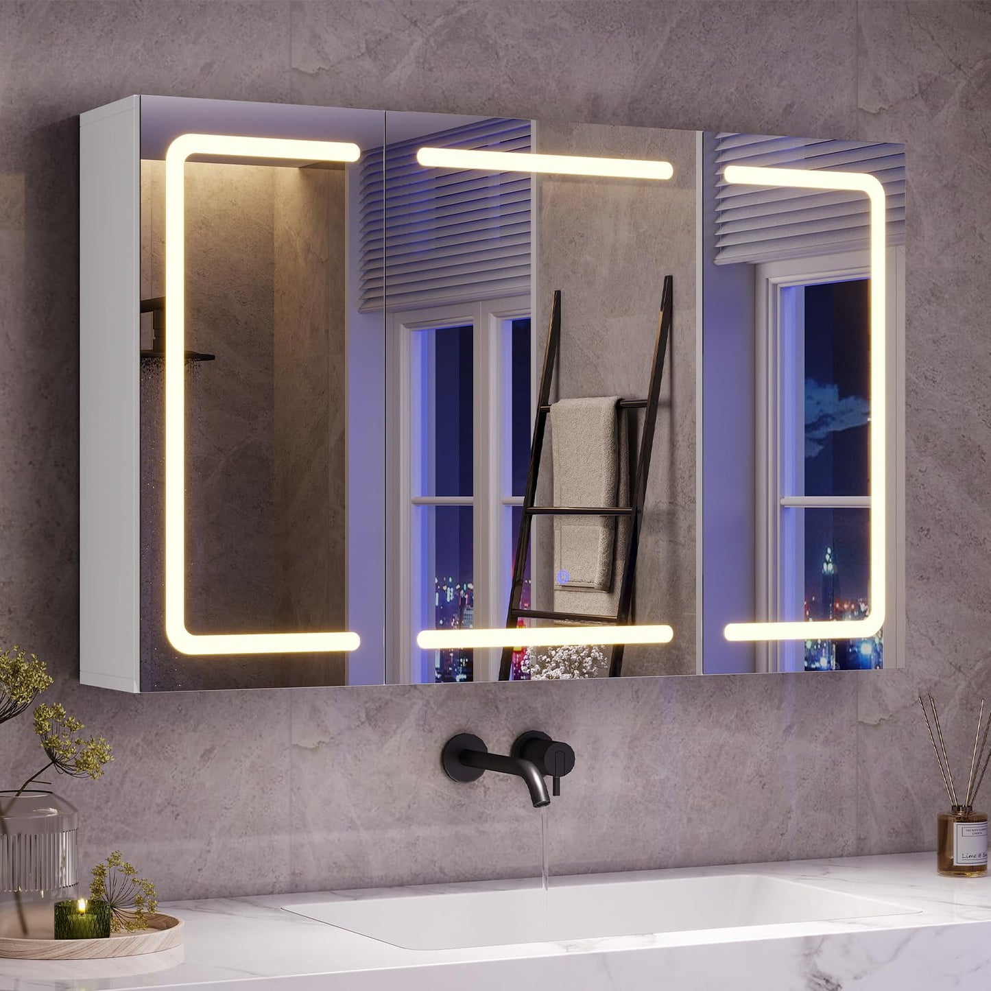 mojiasion Bathroom Mirror Cabinet 100 cm Wide with LED Lighting, Socket & 3 Colour Temperatures Dimmable Bathroom Cabinet with Touch Sensor 60 x 100 x 16 cm (H x W x D) Mirror + 3 Adjustable Shelves