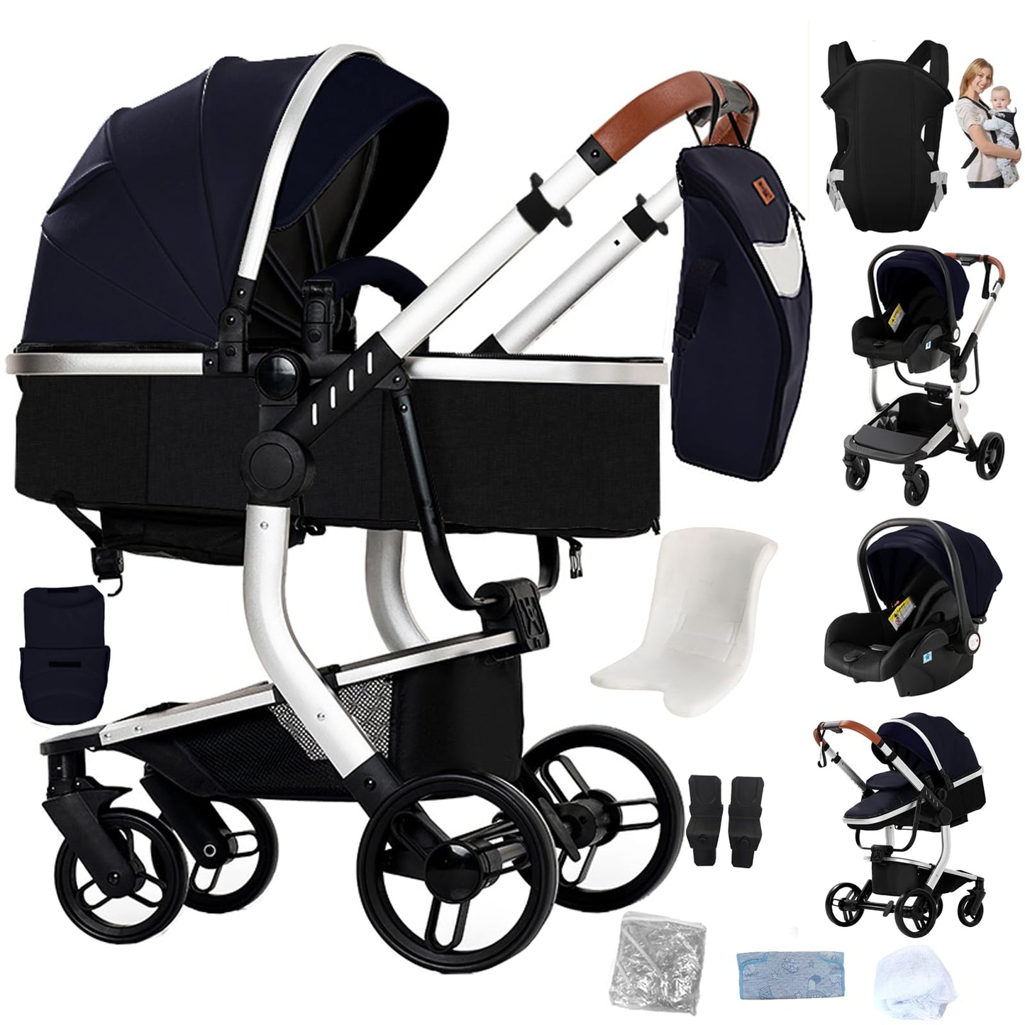 PU Leather Pushchair 3-in-1, Buggy with One-Click Folding Design, Pushchair with Two Reversible Sliding Modes, Combination Pushchair 3-in-1 Complete Set Frame Aluminium Alloy (518 Black)