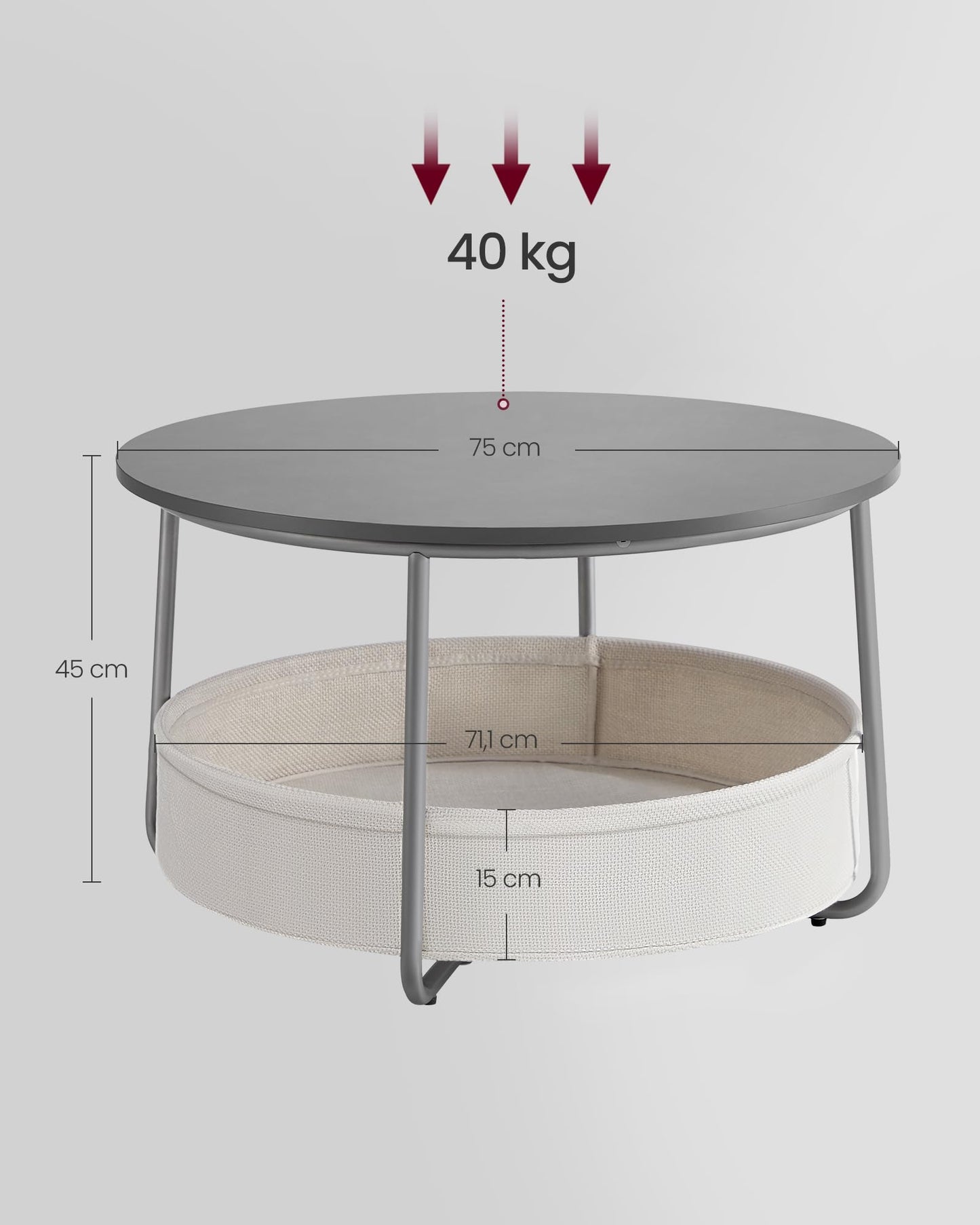 VASAGLE LCT244W10 Round Coffee Table with Storage Space Side Table Living Room Table with Fabric Basket Modern Metal Frame Matt White Camel Brown