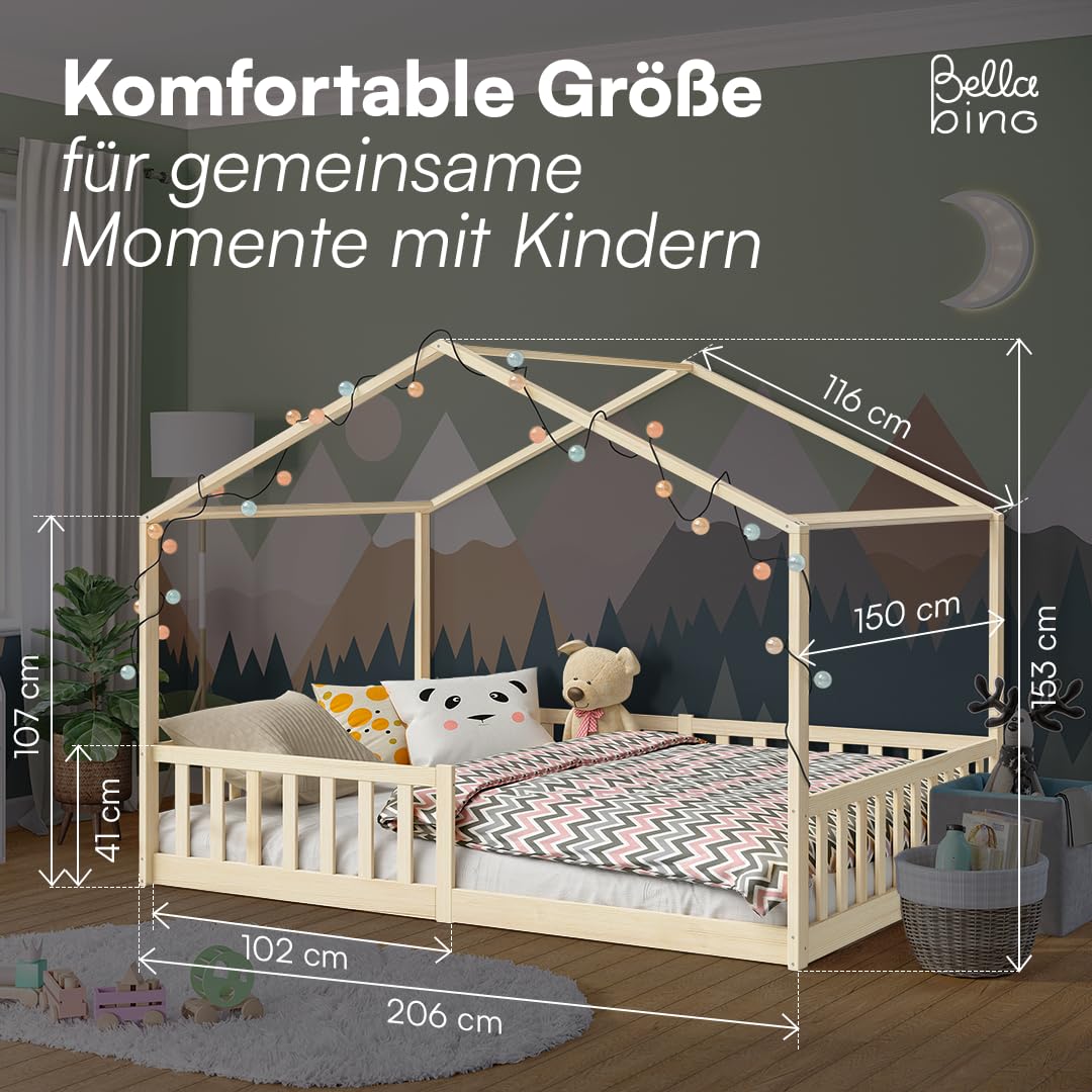 Bellabino Bia Children’s Bed, 90 x 200 cm, Children’s House Bed incl. Fall Protection and Rolled Slatted Frame, Montessori Floor Bed, White, Solid Pine Wood