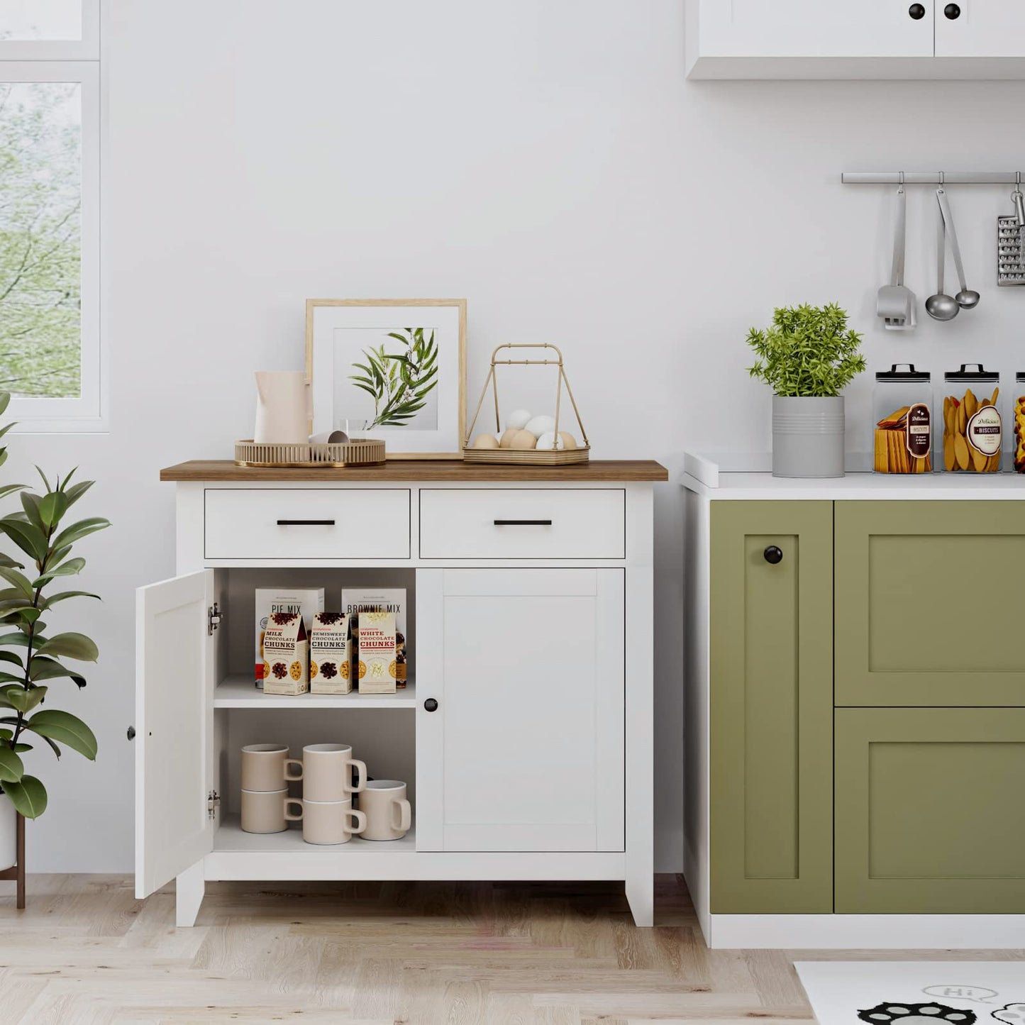 HOCSOK Kitchen Cabinet with Worktop, Sideboard with 2 Drawers and 2 Doors, Buffet Cabinet for Kitchen, Living Room, Dining Room, Hallway, Wood, Country House Style