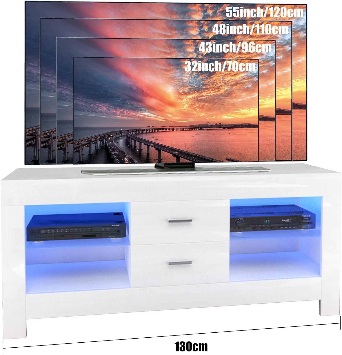 Dripex TV Lowboard, TV Sideboard with LED Lighting & Drawers, High Gloss TV Storage Unit, 130 x 50 x 35 cm, White